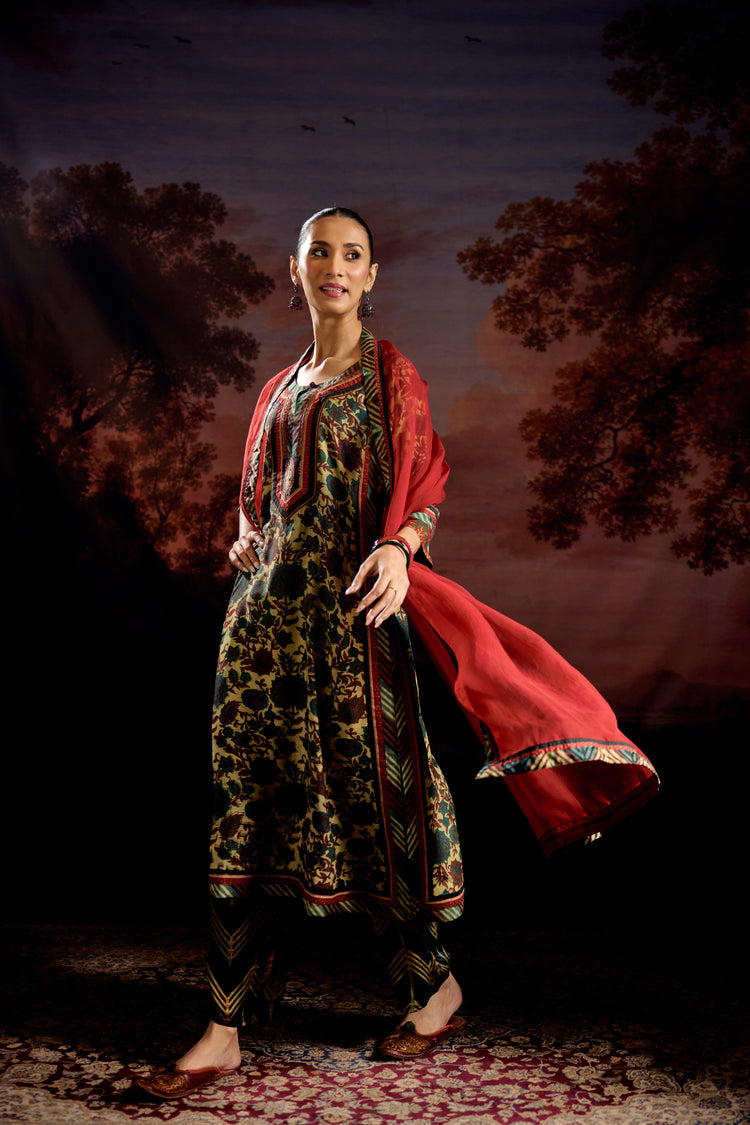 Anu Modal Silk Vanaspati Printed Kurta Green Rust