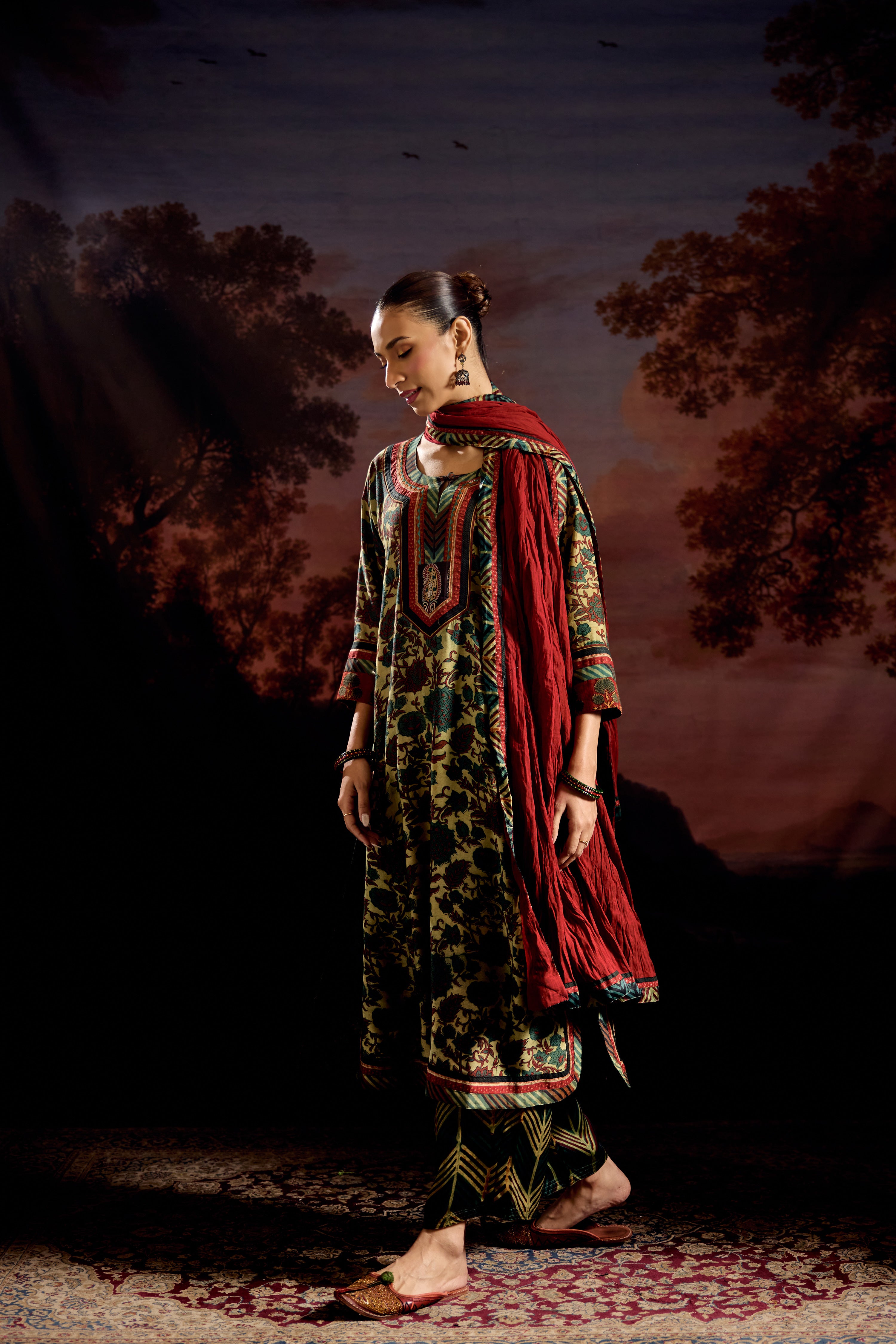 Anu Modal Silk Vanaspati Printed Kurta Green Rust