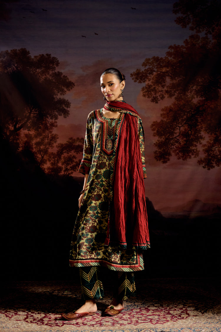 Anu Modal Silk Vanaspati Printed Kurta Green Rust