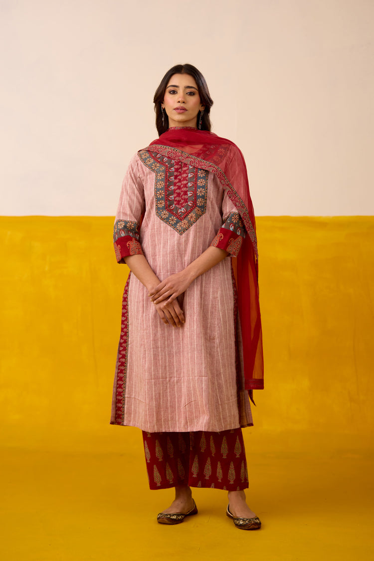 Rozana Malkha Handwoven Kurta Off White Maroon