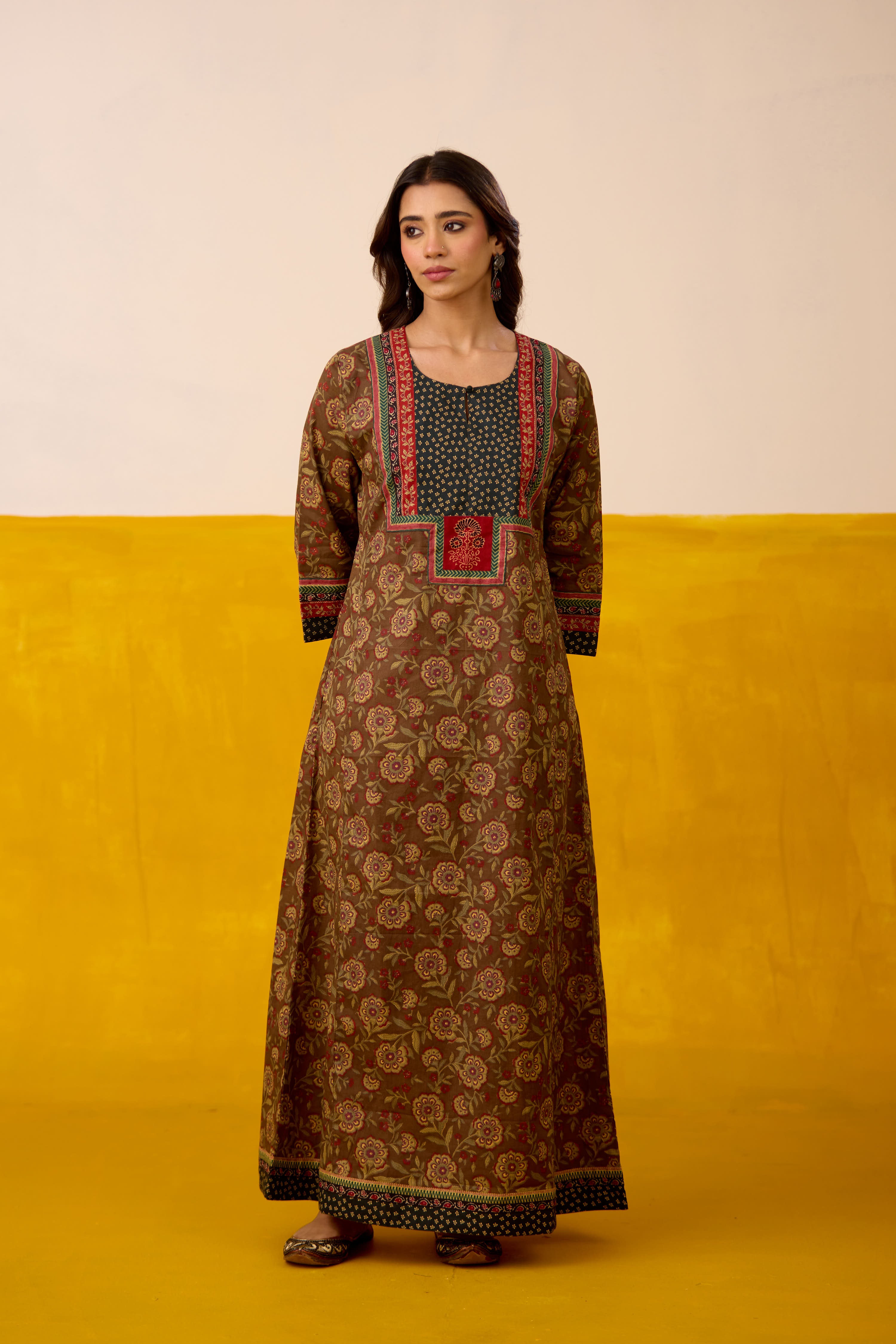 Rozana Cotton Printed Caftan Dark Brown