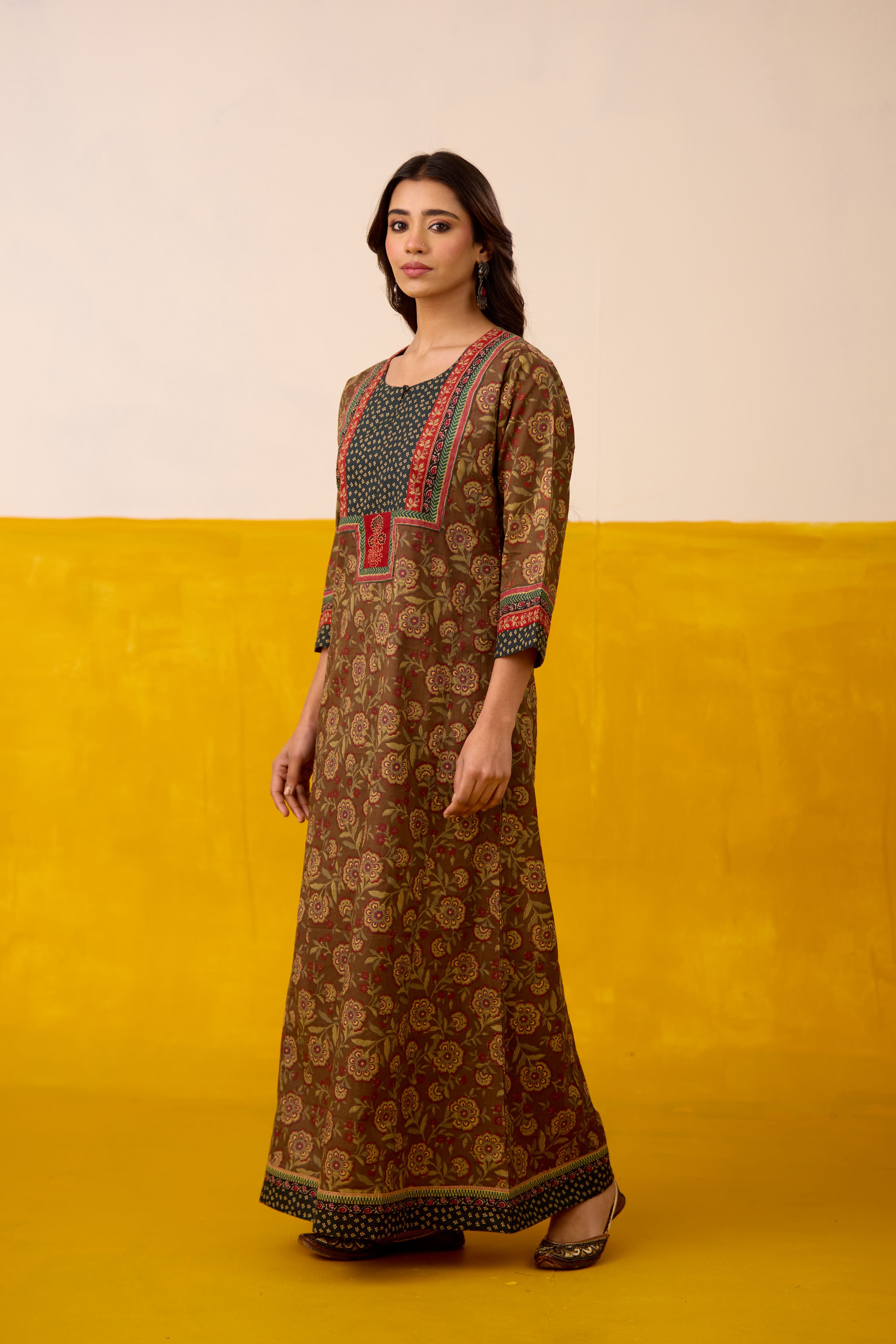 Rozana Cotton Printed Caftan Dark Brown