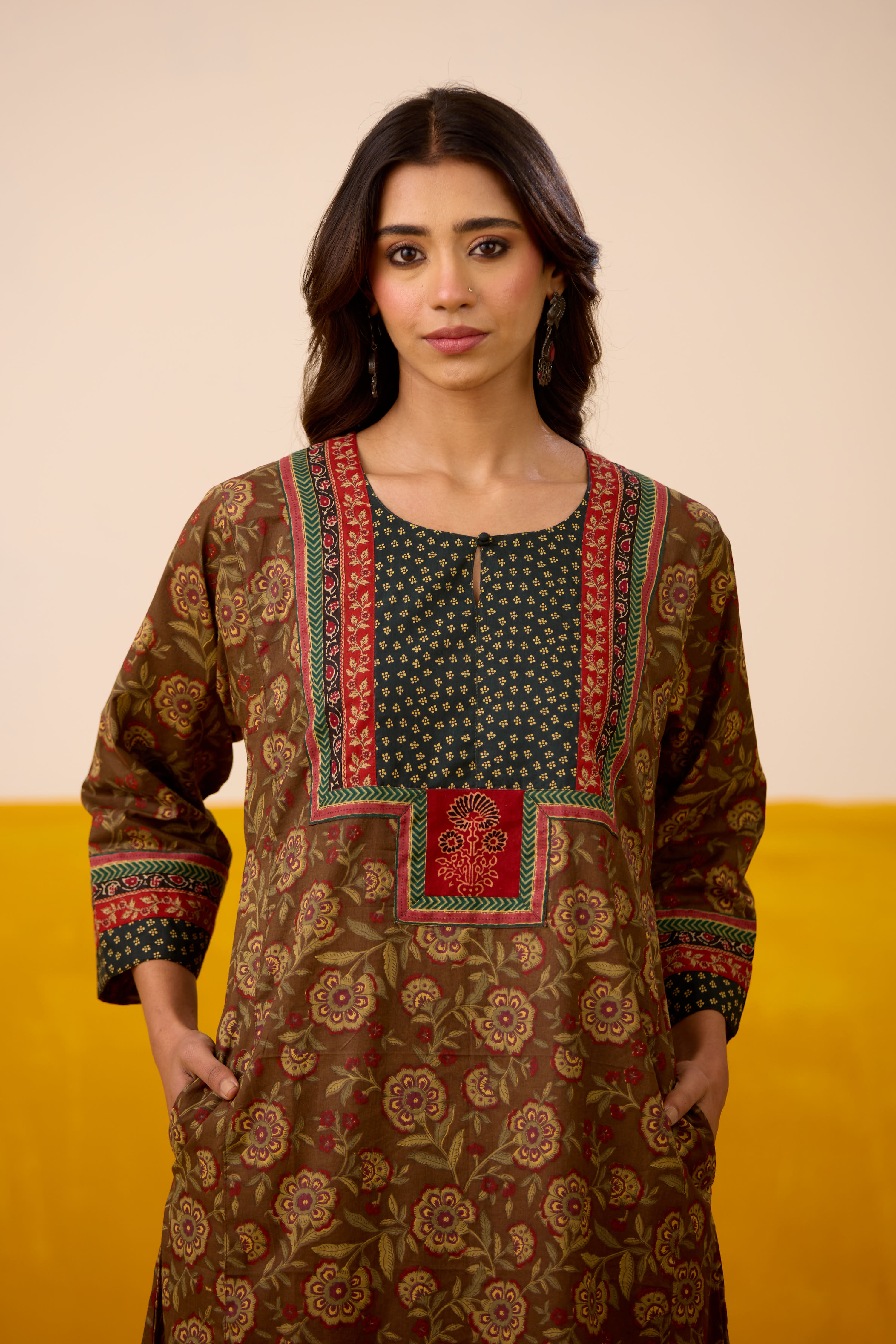 Rozana Cotton Printed Caftan Dark Brown