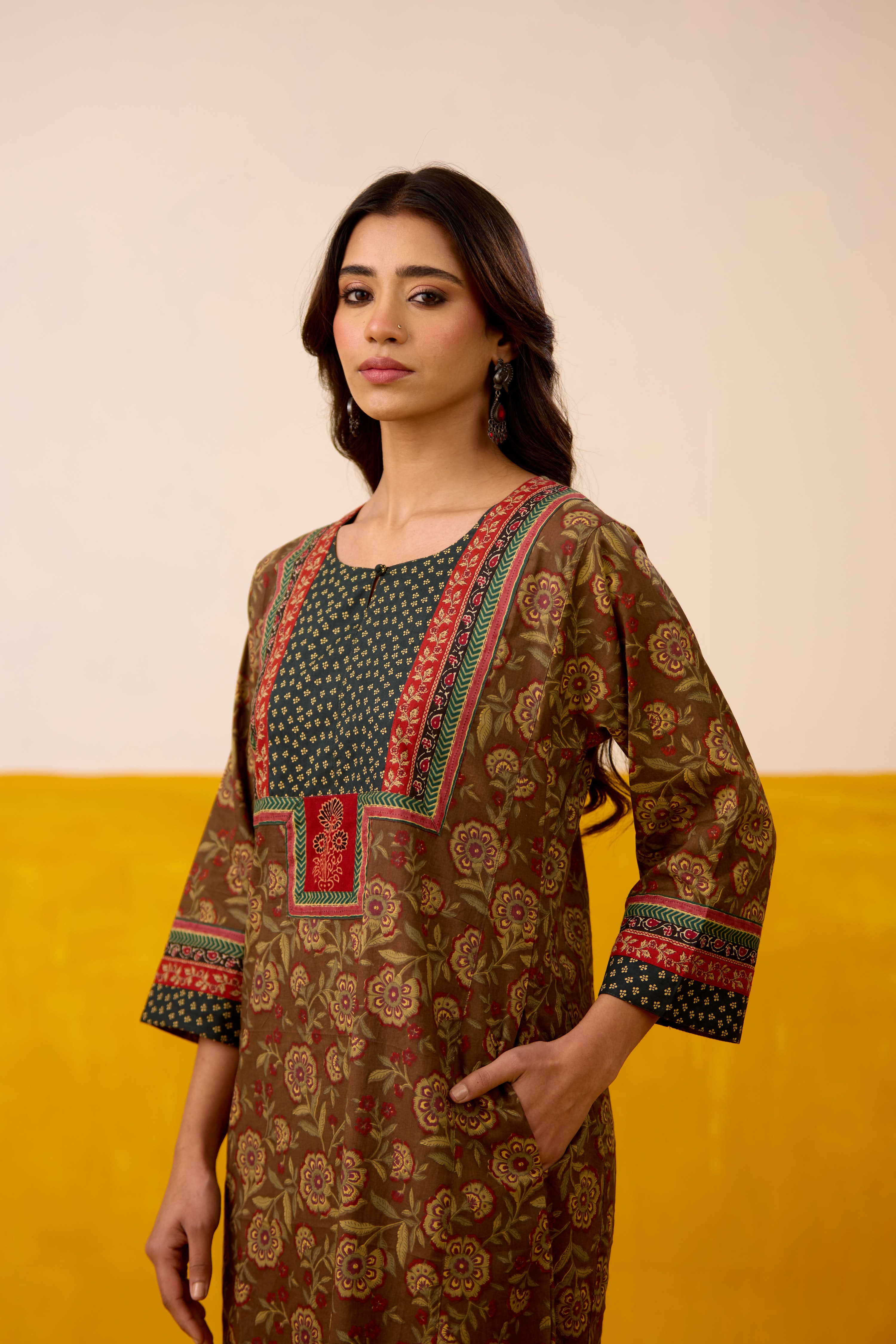 Rozana Cotton Printed Caftan Dark Brown