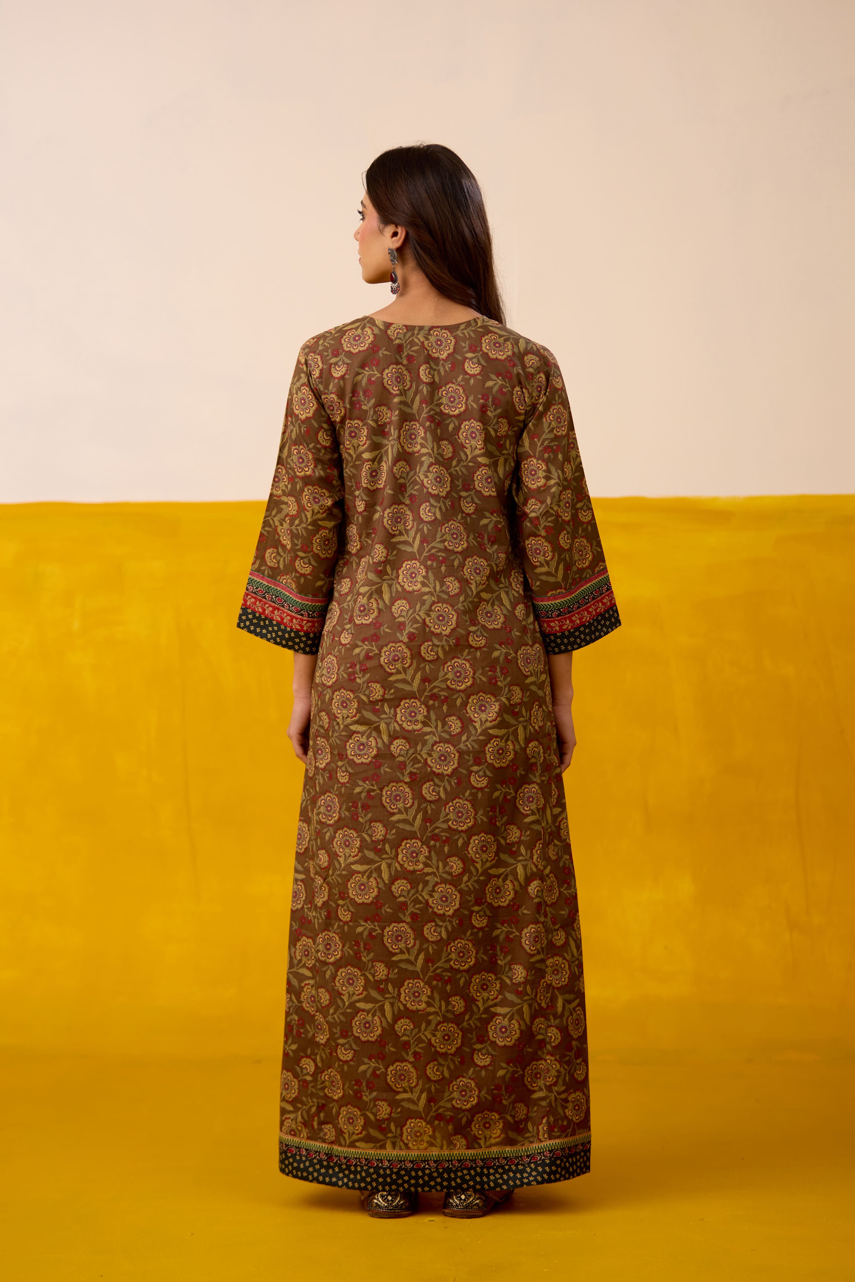 Rozana Cotton Printed Caftan Dark Brown
