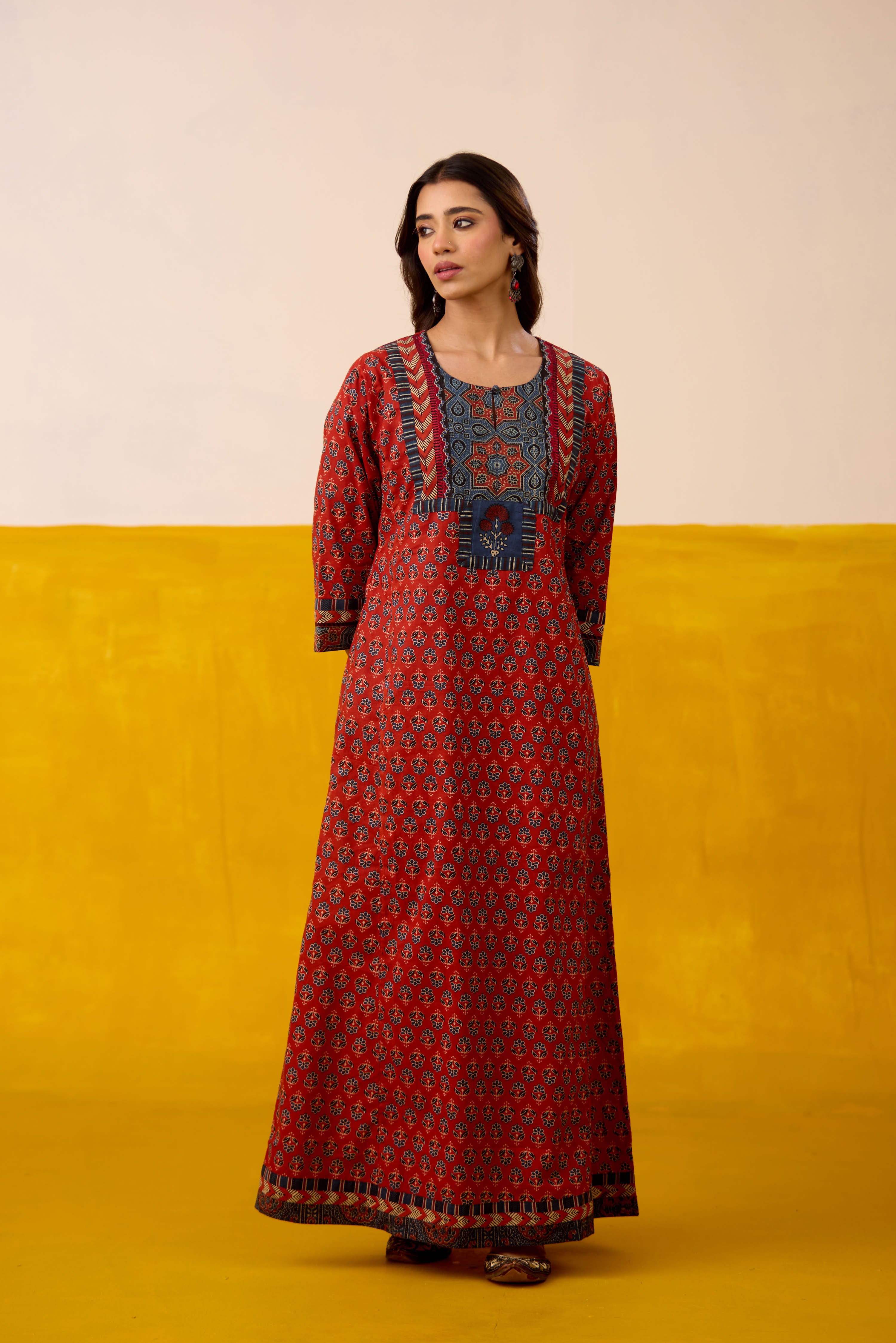 Rozana Cotton Printed Caftan Maroon Blue
