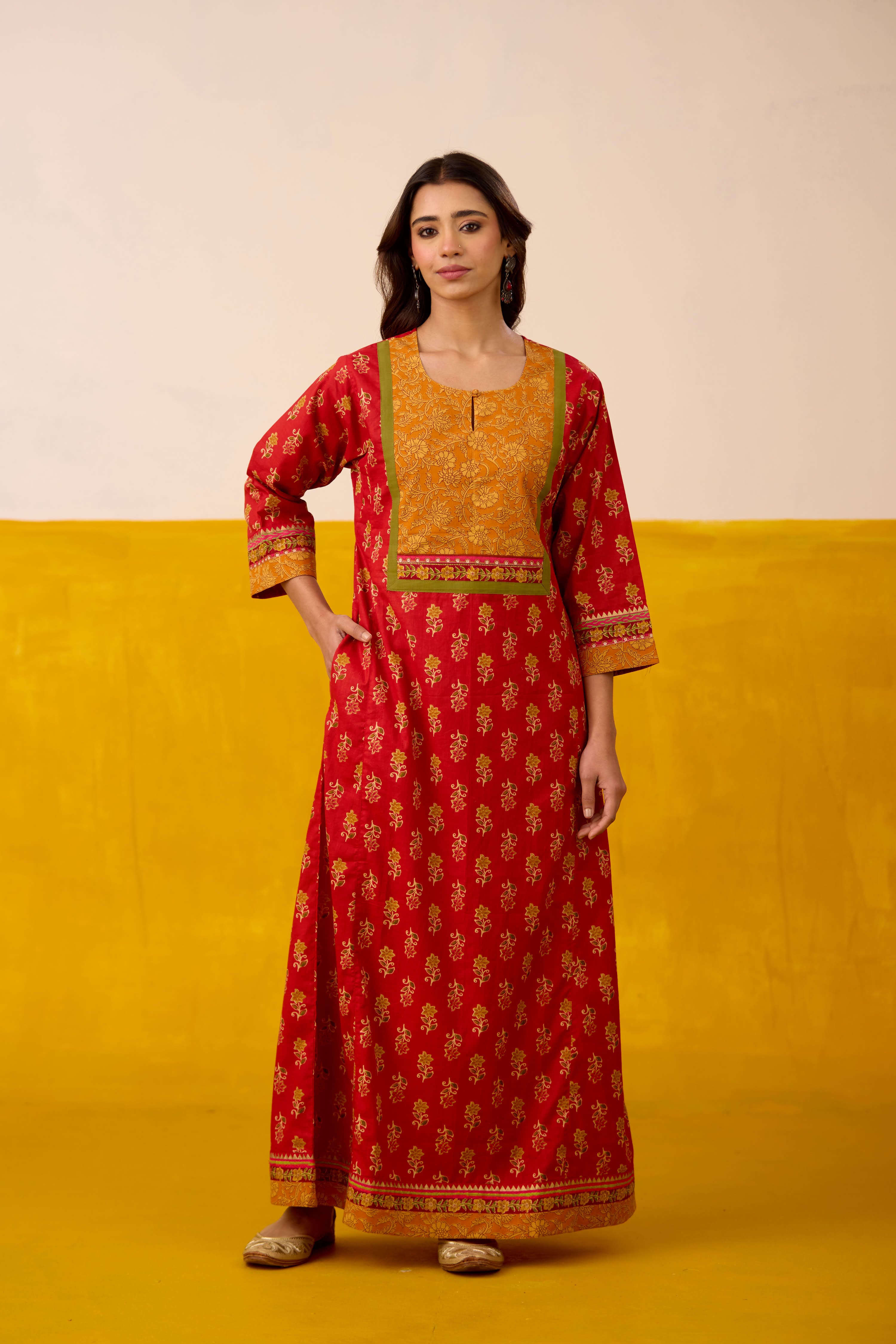 Rozana Cotton Printed Caftan Red Mustard