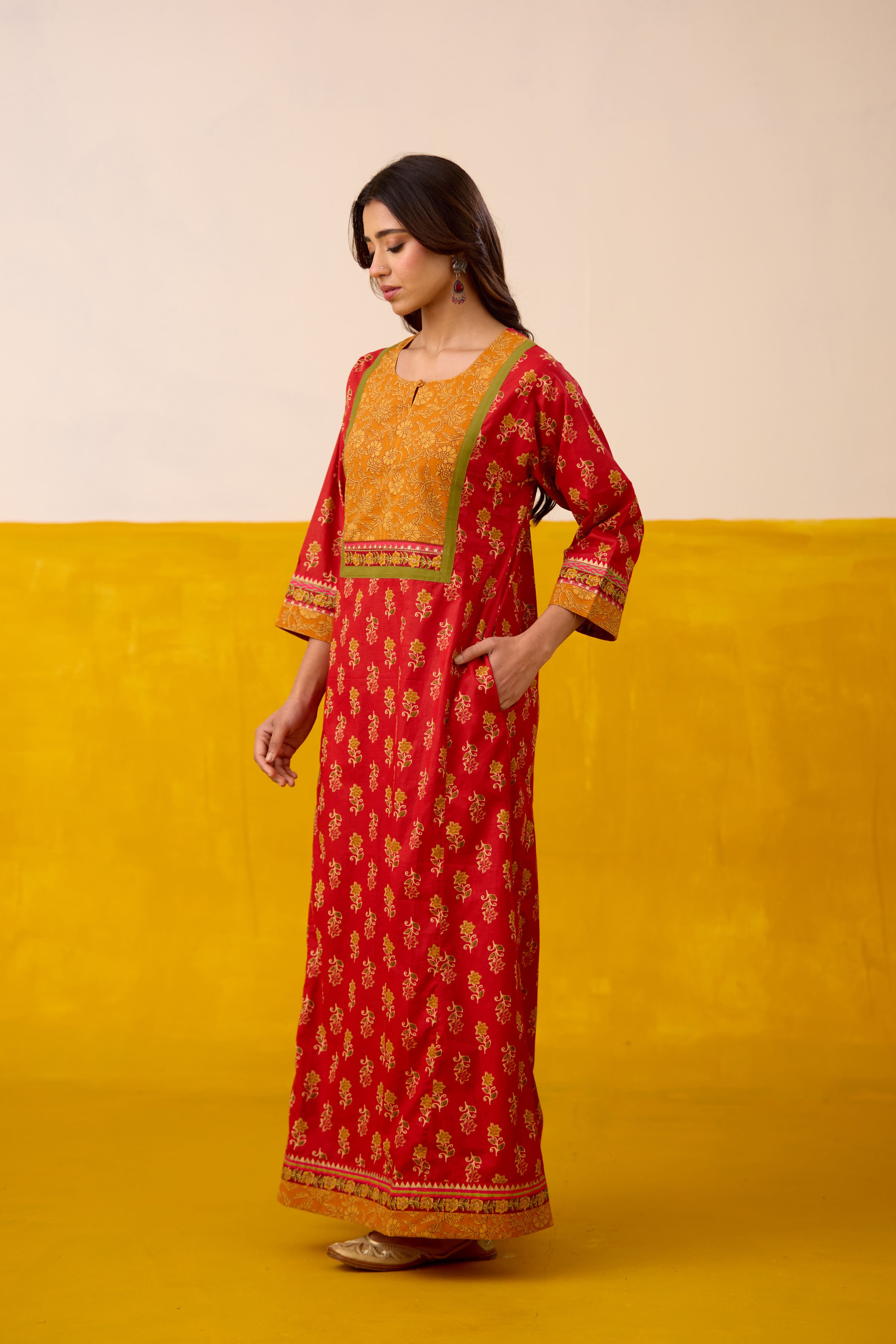 Rozana Cotton Printed Caftan Red Mustard