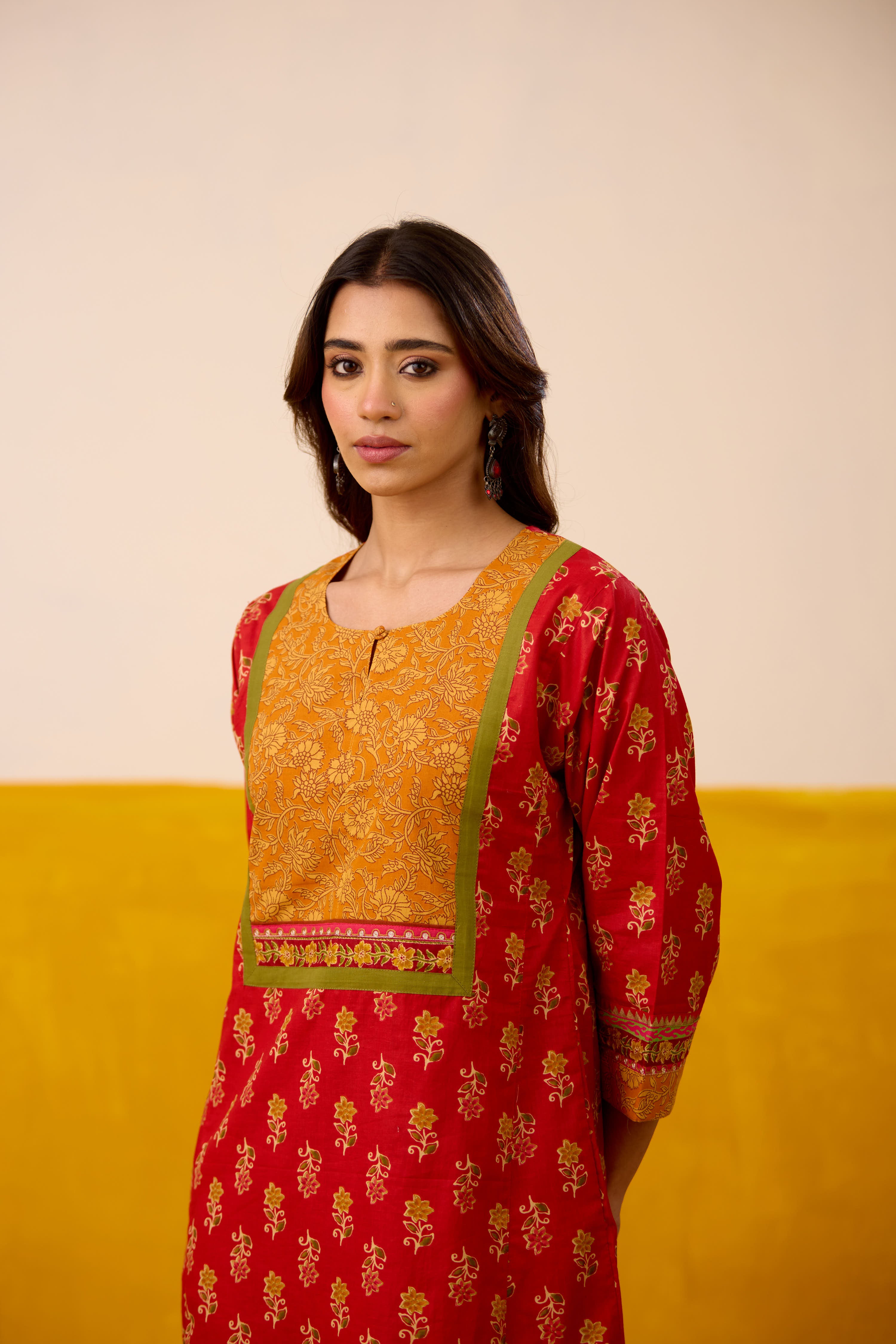 Rozana Cotton Printed Caftan Red Mustard