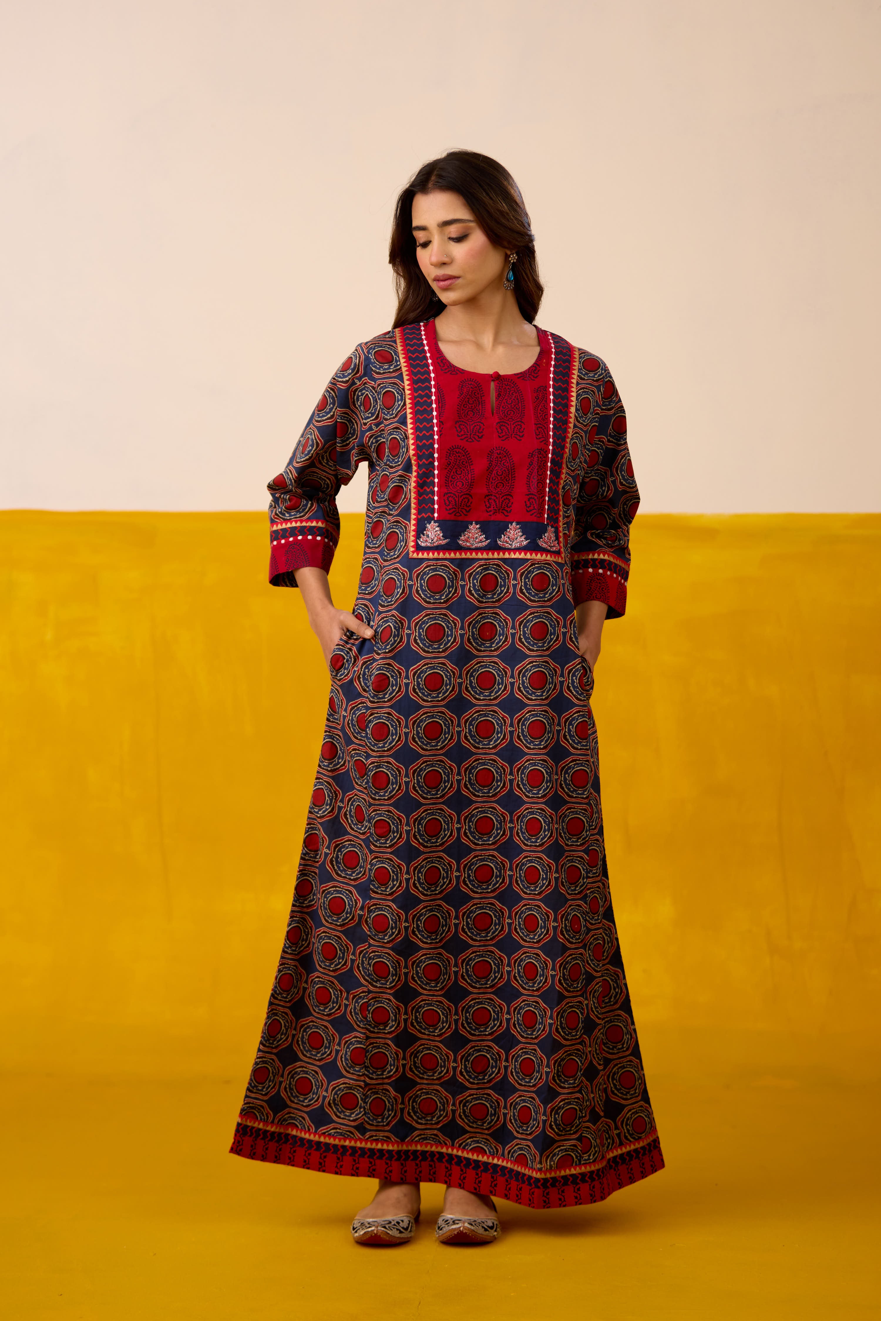 Rozana Cotton Printed Caftan Blue Red