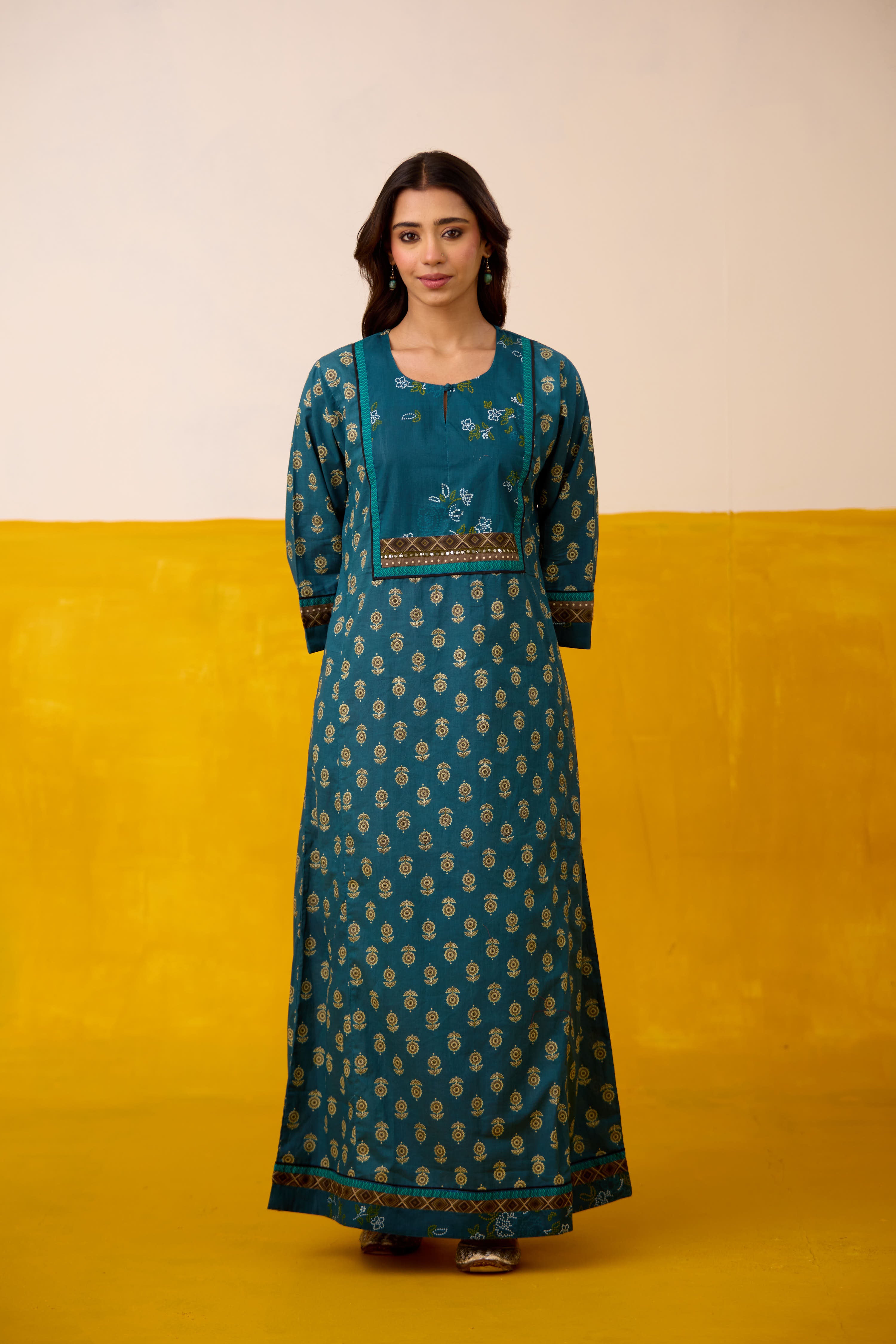 Rozana Cotton Printed Caftan Teal Blue