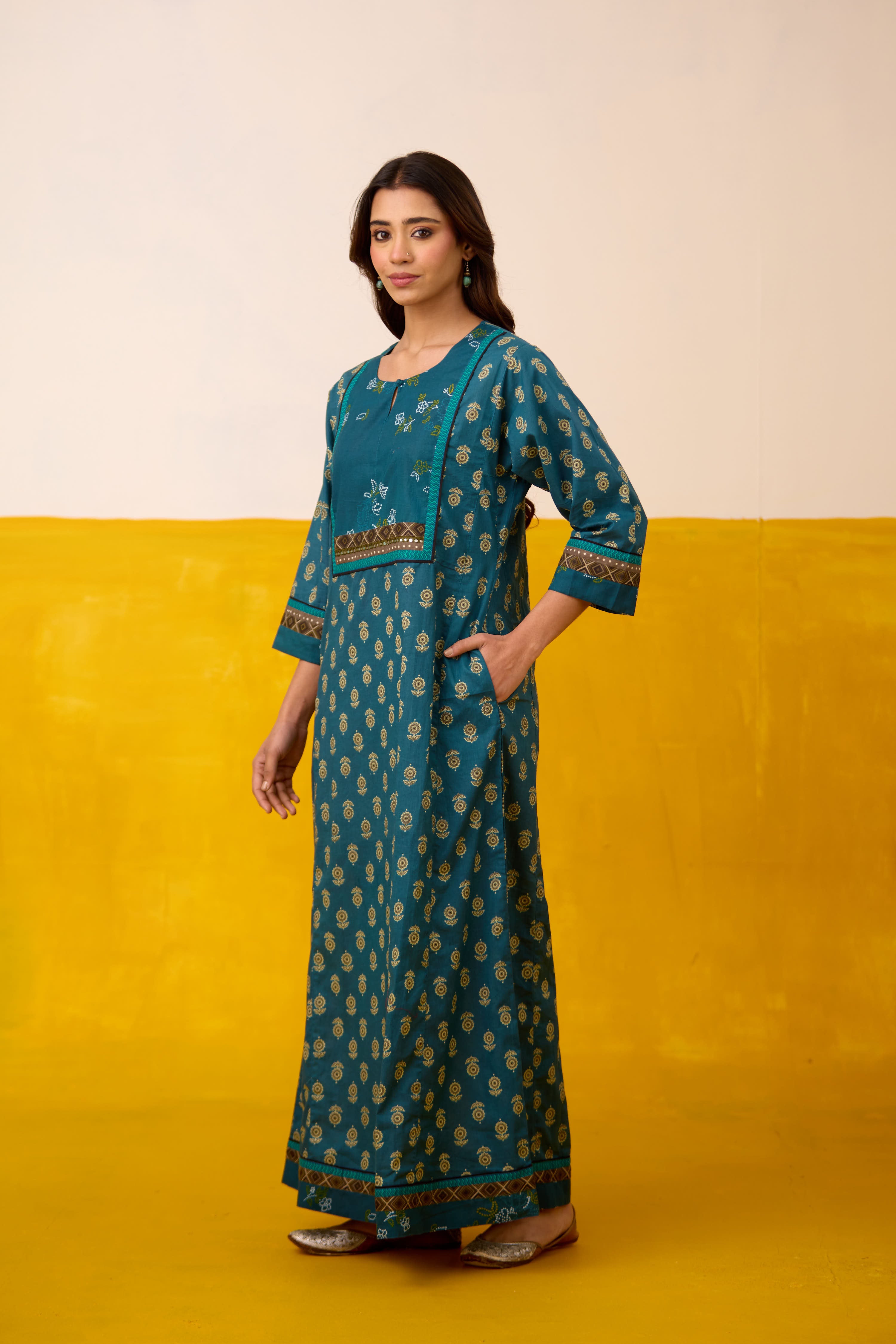 Rozana Cotton Printed Caftan Teal Blue