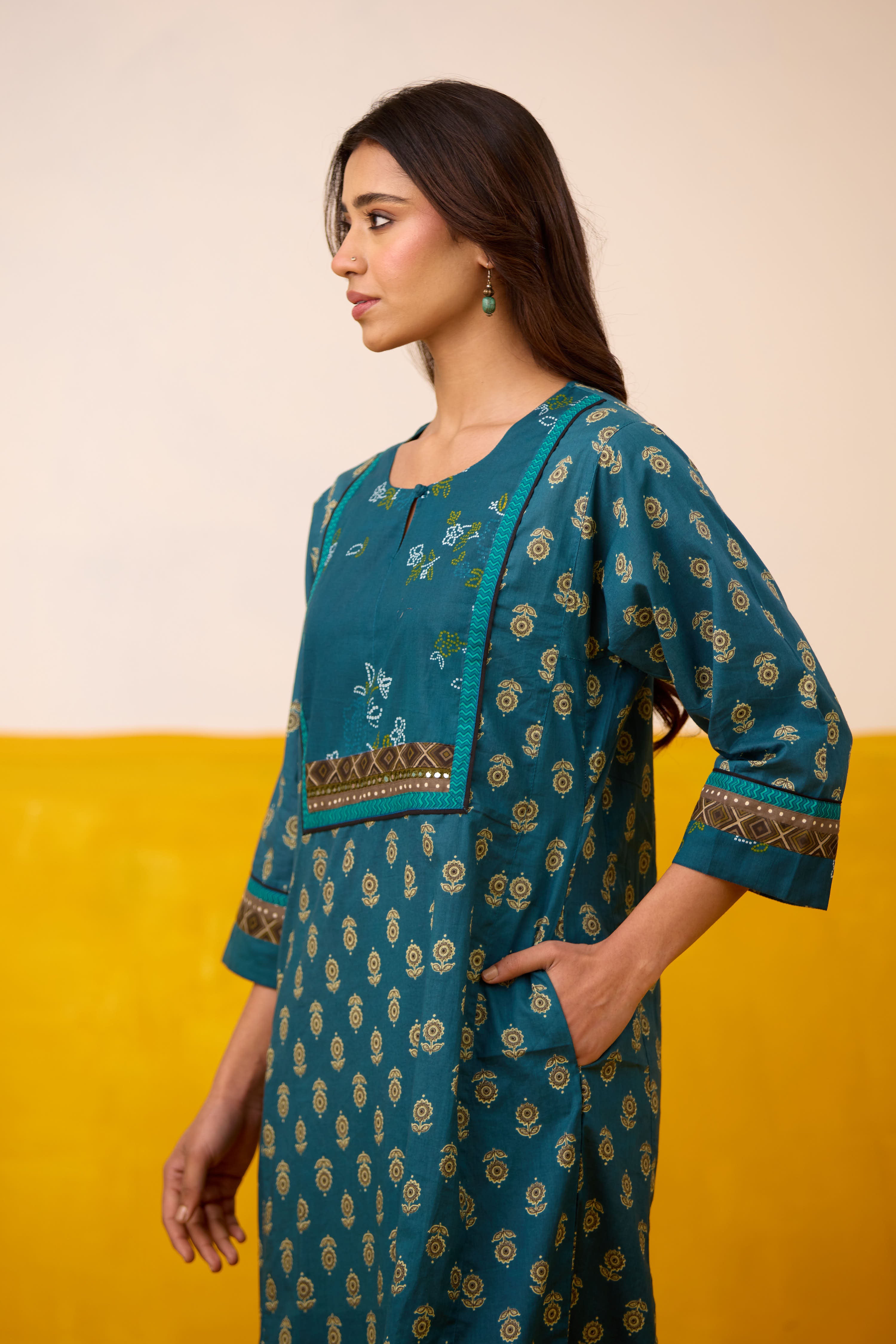Rozana Cotton Printed Caftan Teal Blue