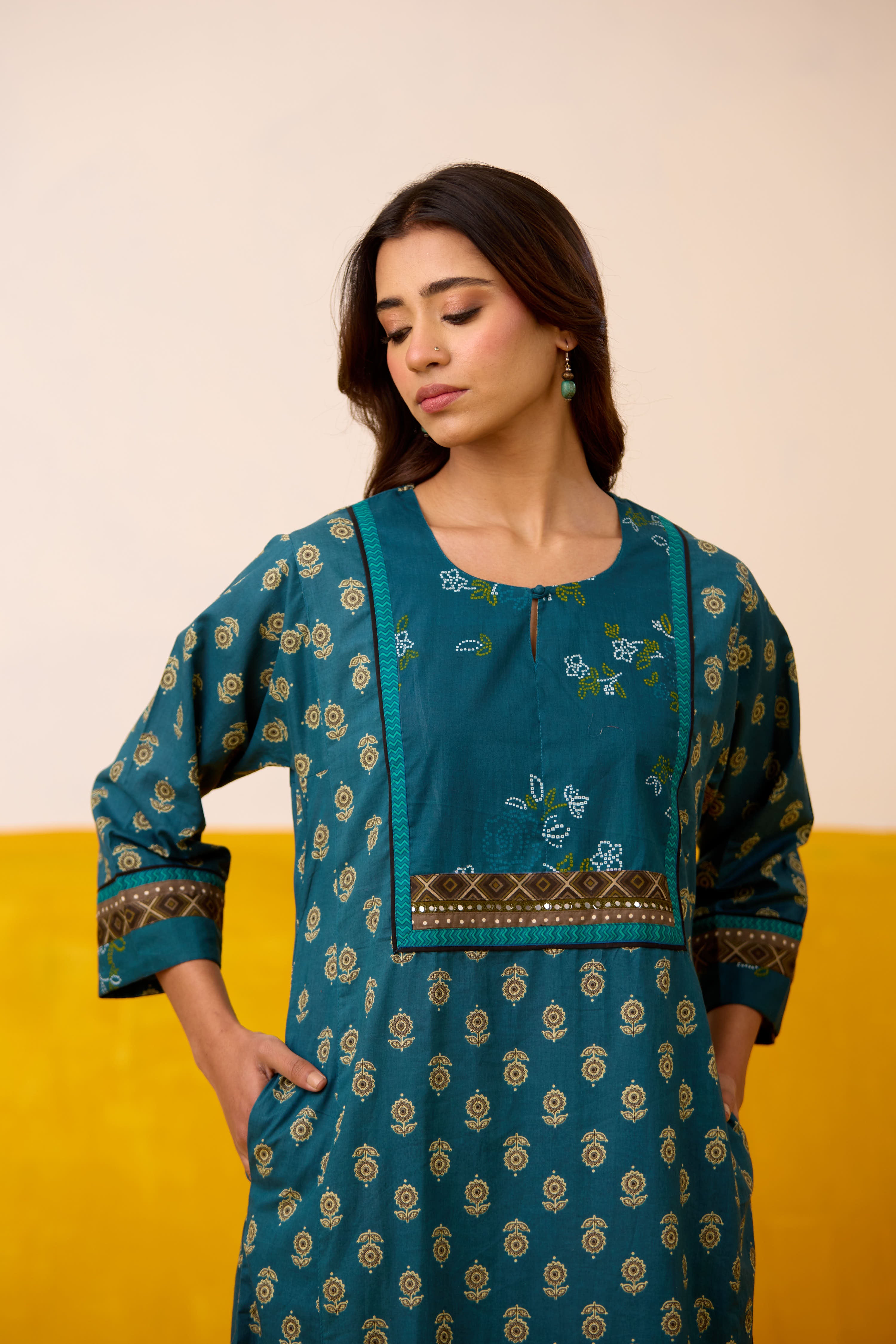 Rozana Cotton Printed Caftan Teal Blue