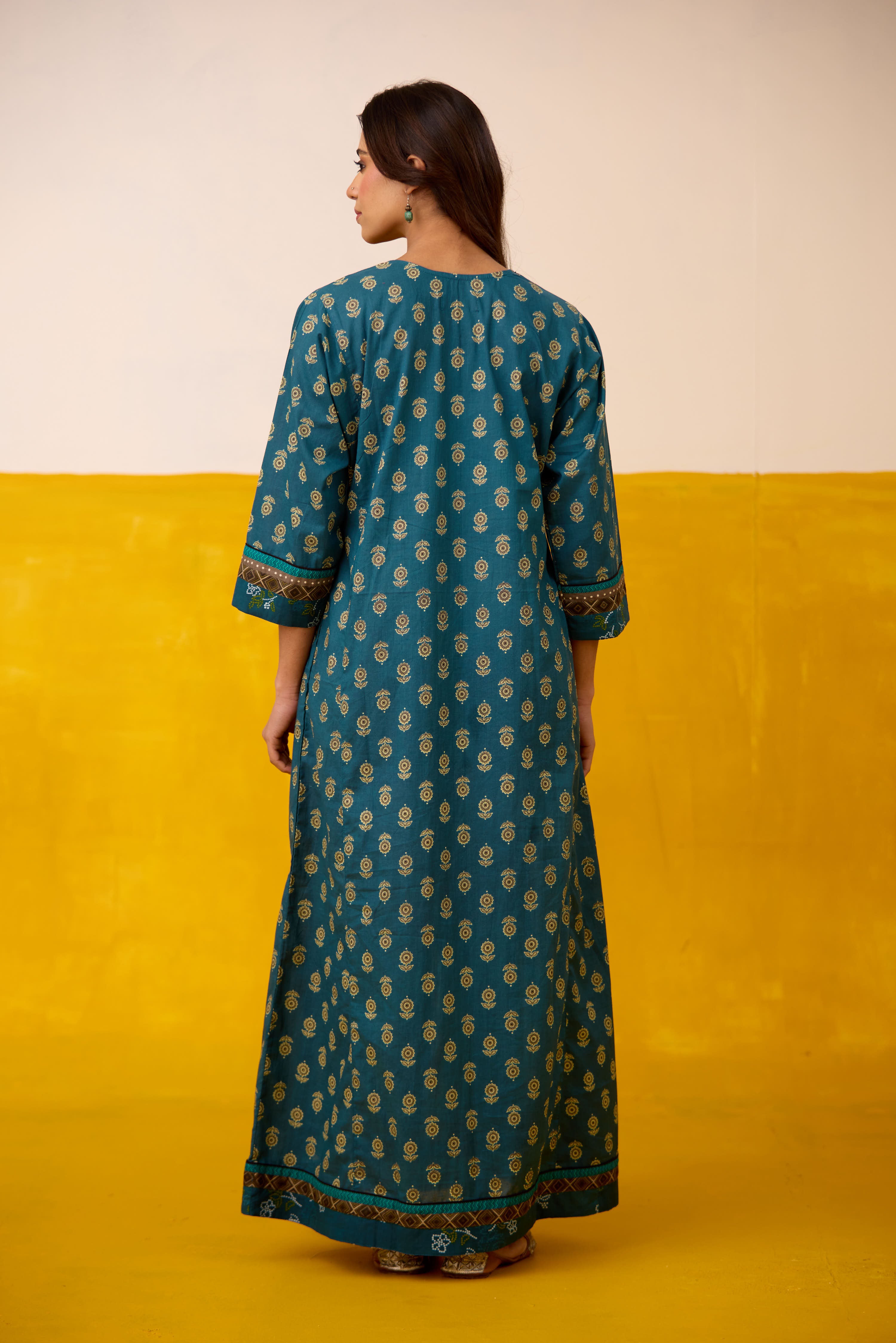 Rozana Cotton Printed Caftan Teal Blue