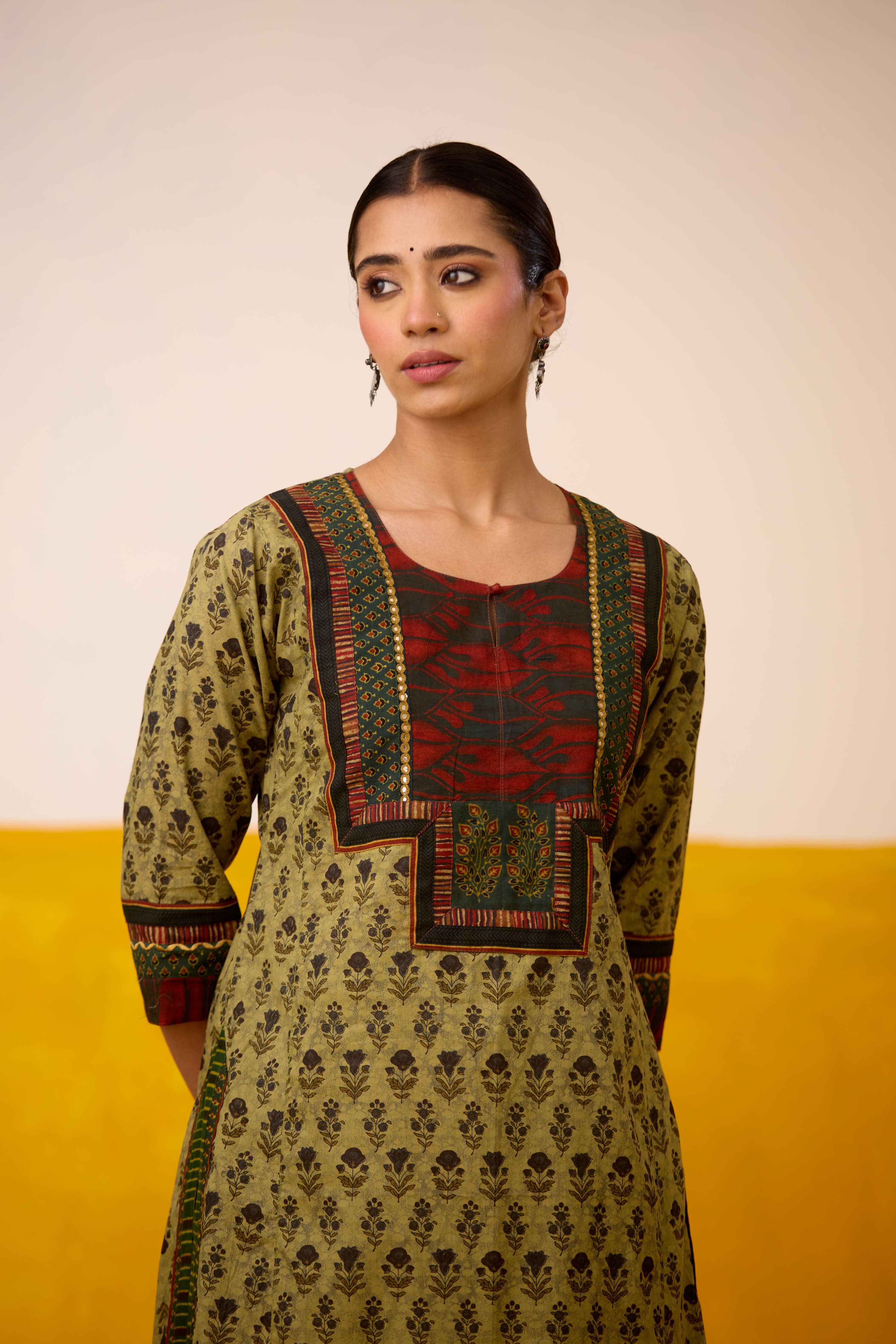Rozana Cotton Printed Kurta Olive Green