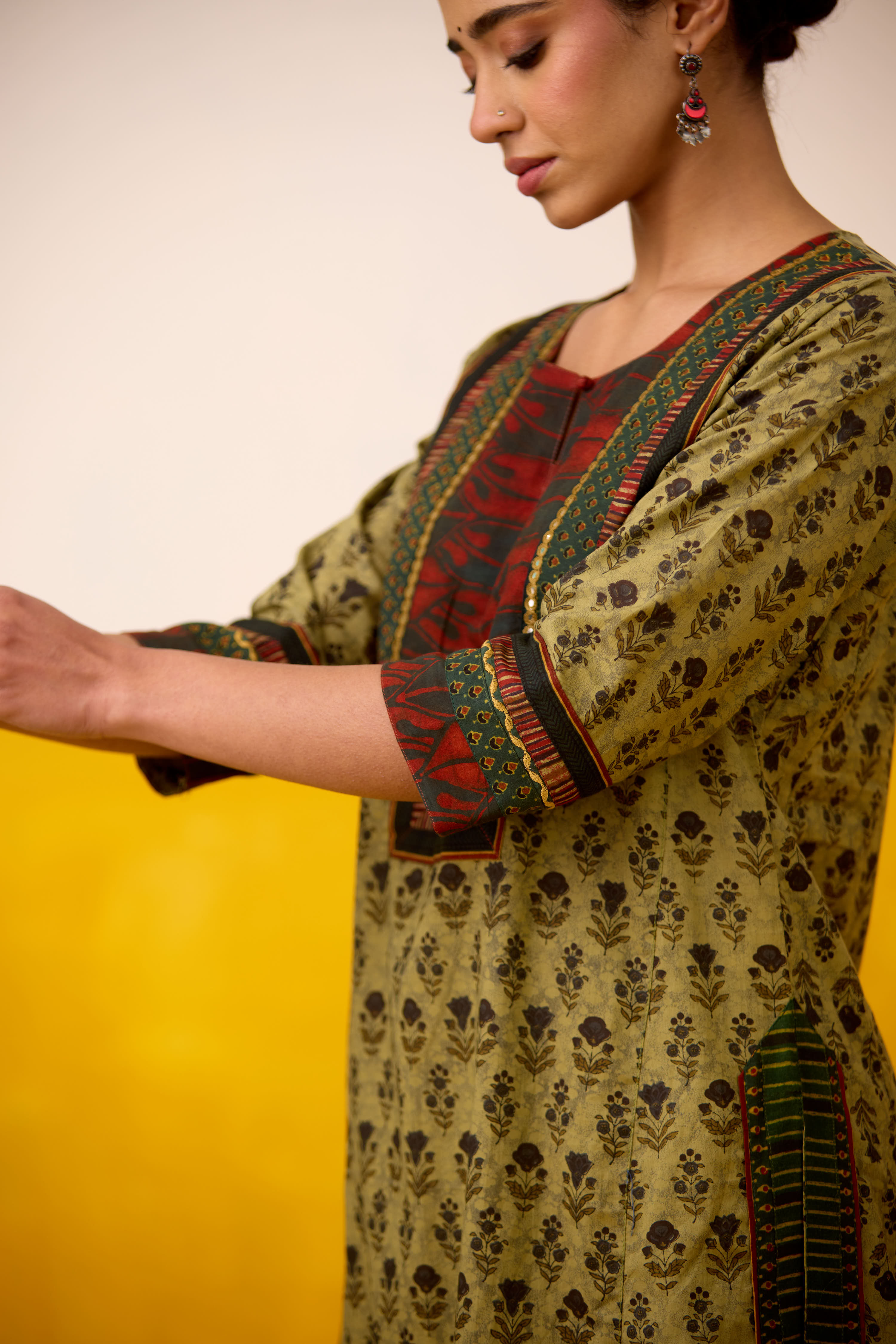 Rozana Cotton Printed Kurta Olive Green