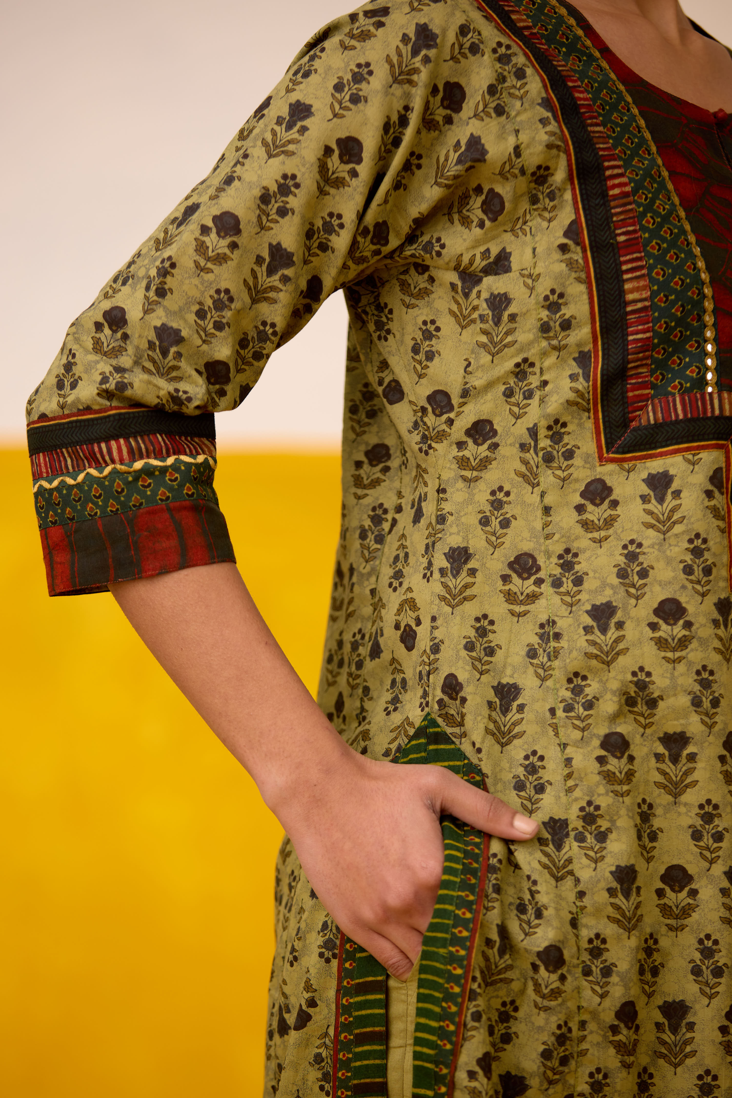 Rozana Cotton Printed Kurta Olive Green