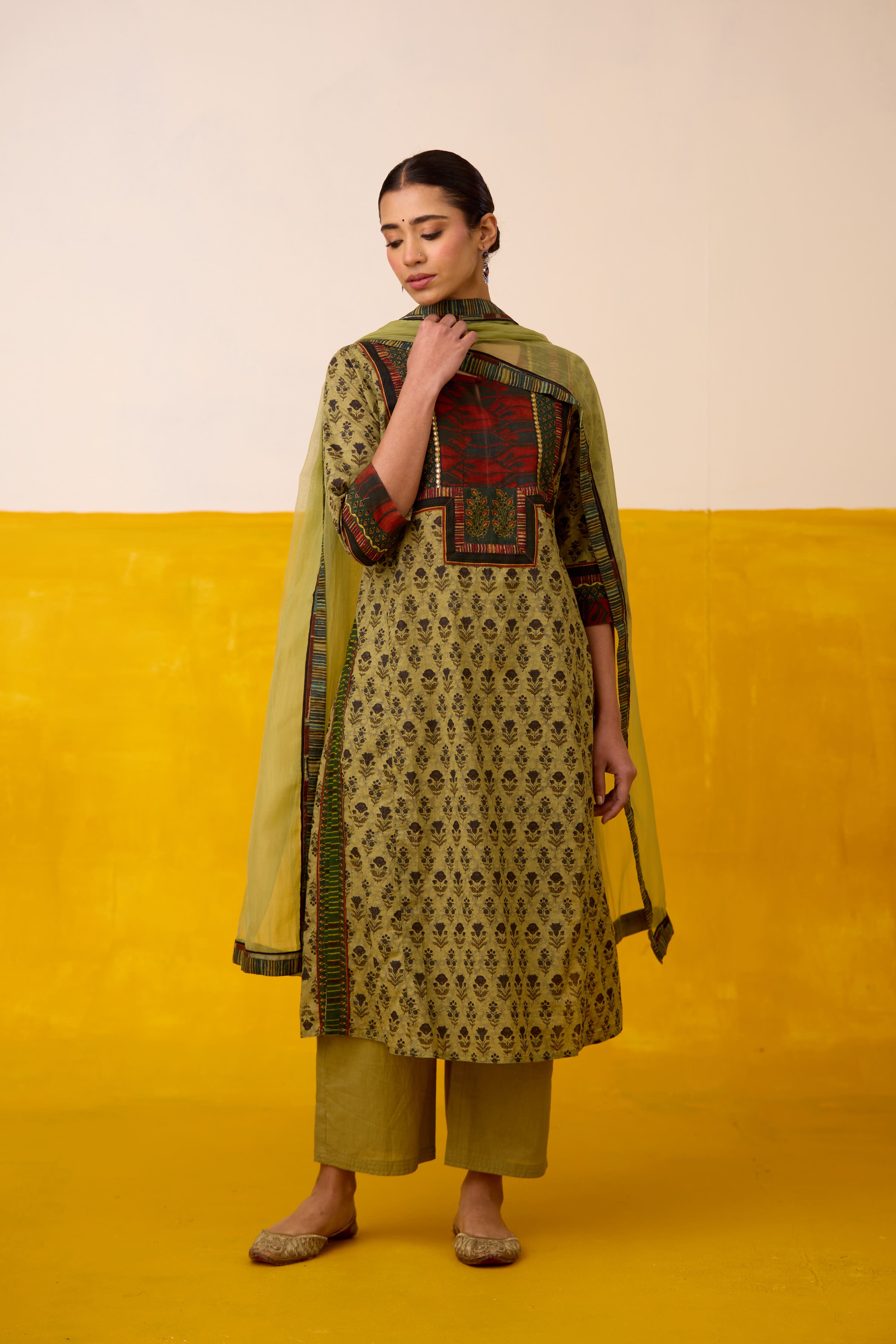 Rozana Cotton Printed Kurta Olive Green