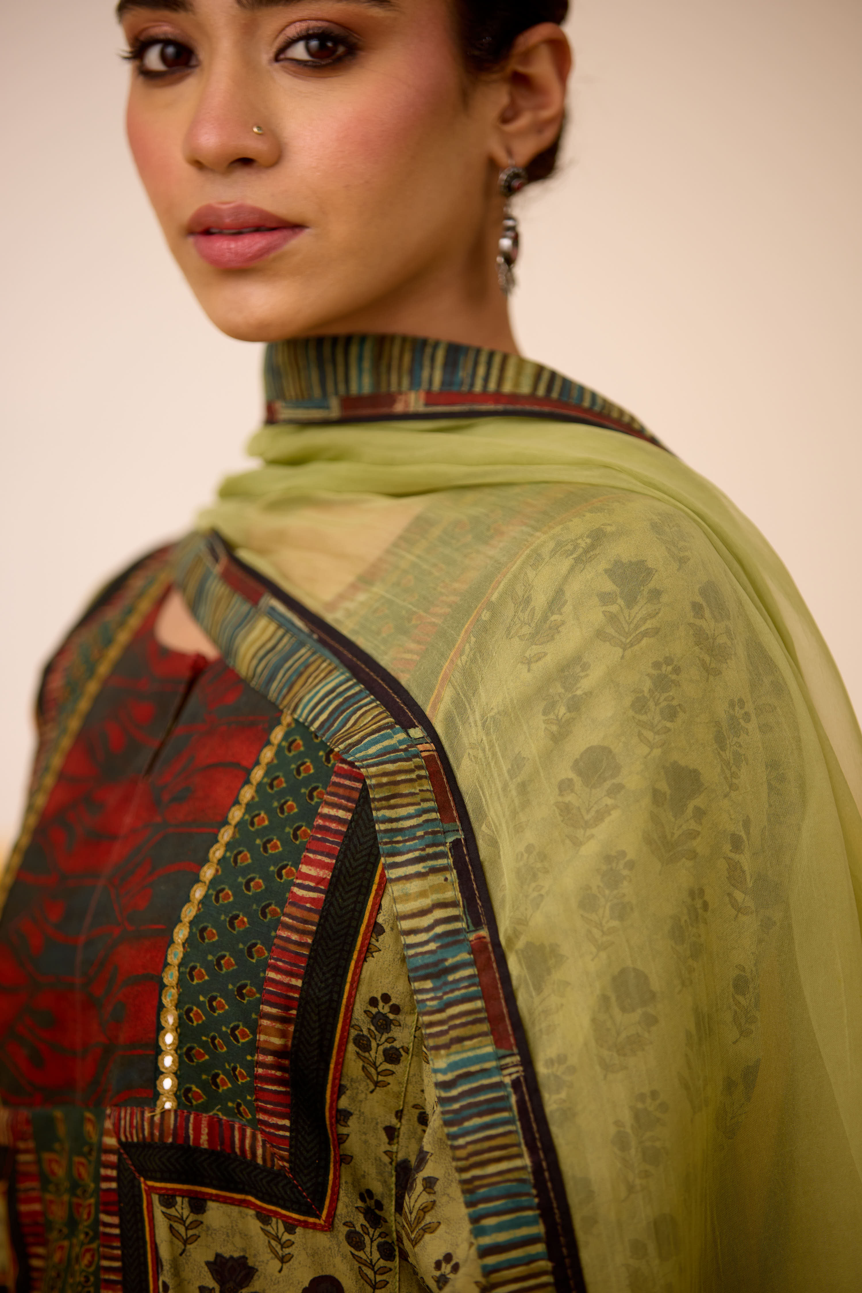 Rozana Cotton Printed Kurta Olive Green
