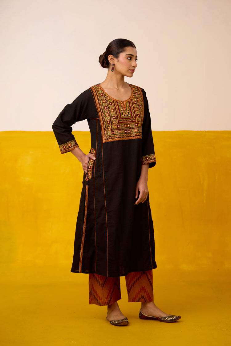 Tulsi Cotton Slub Embroidered Kurta Black