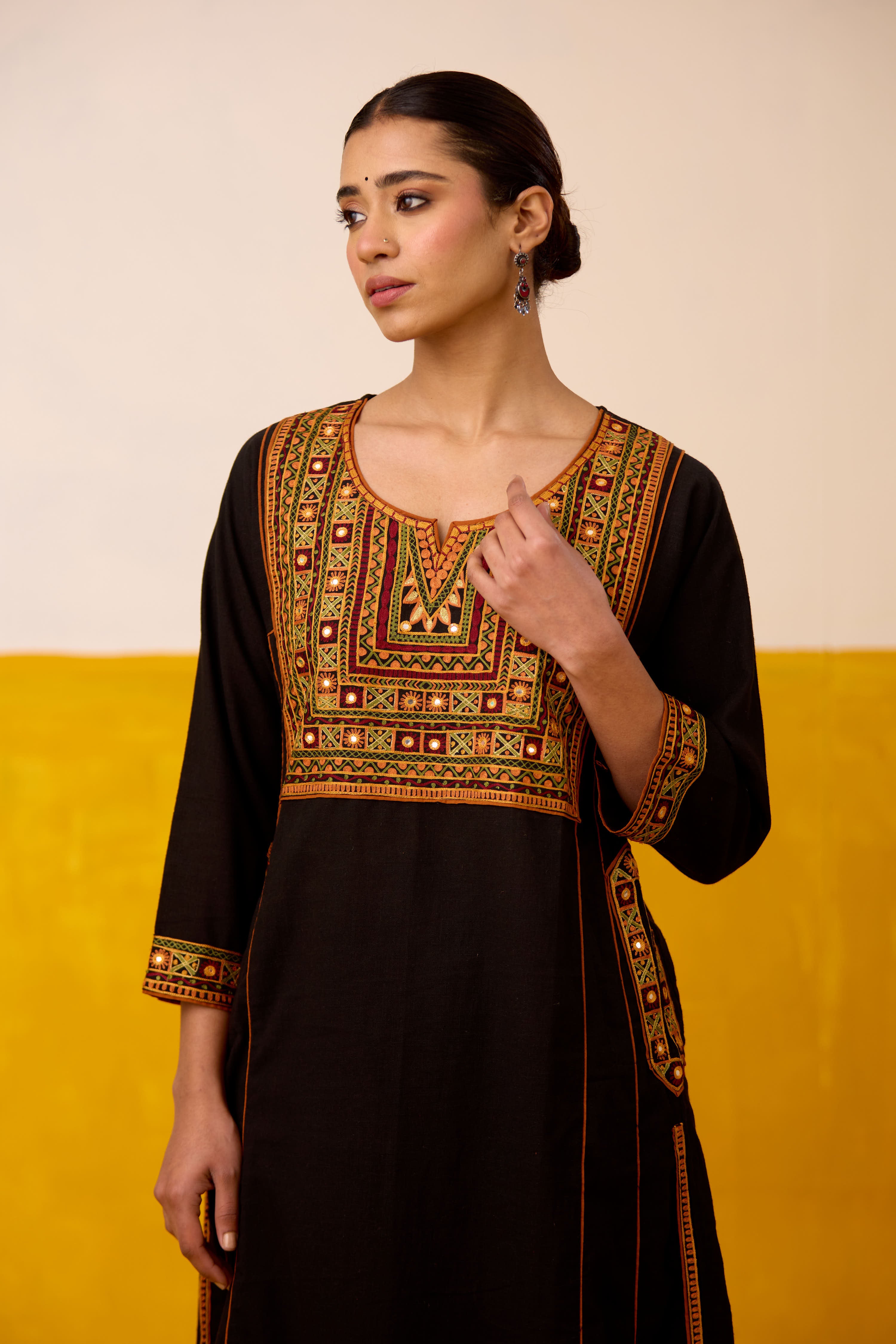 Tulsi Cotton Slub Embroidered Kurta Black