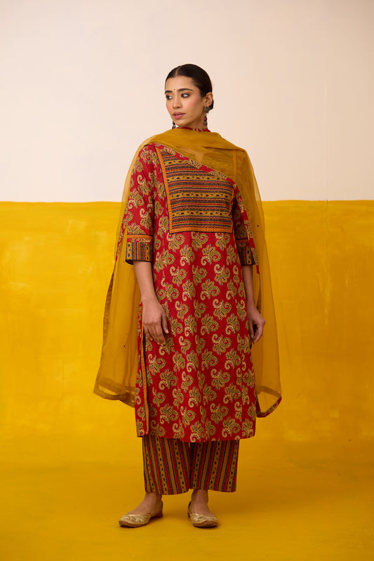 Dienne Cotton Printed Kurta Red Green