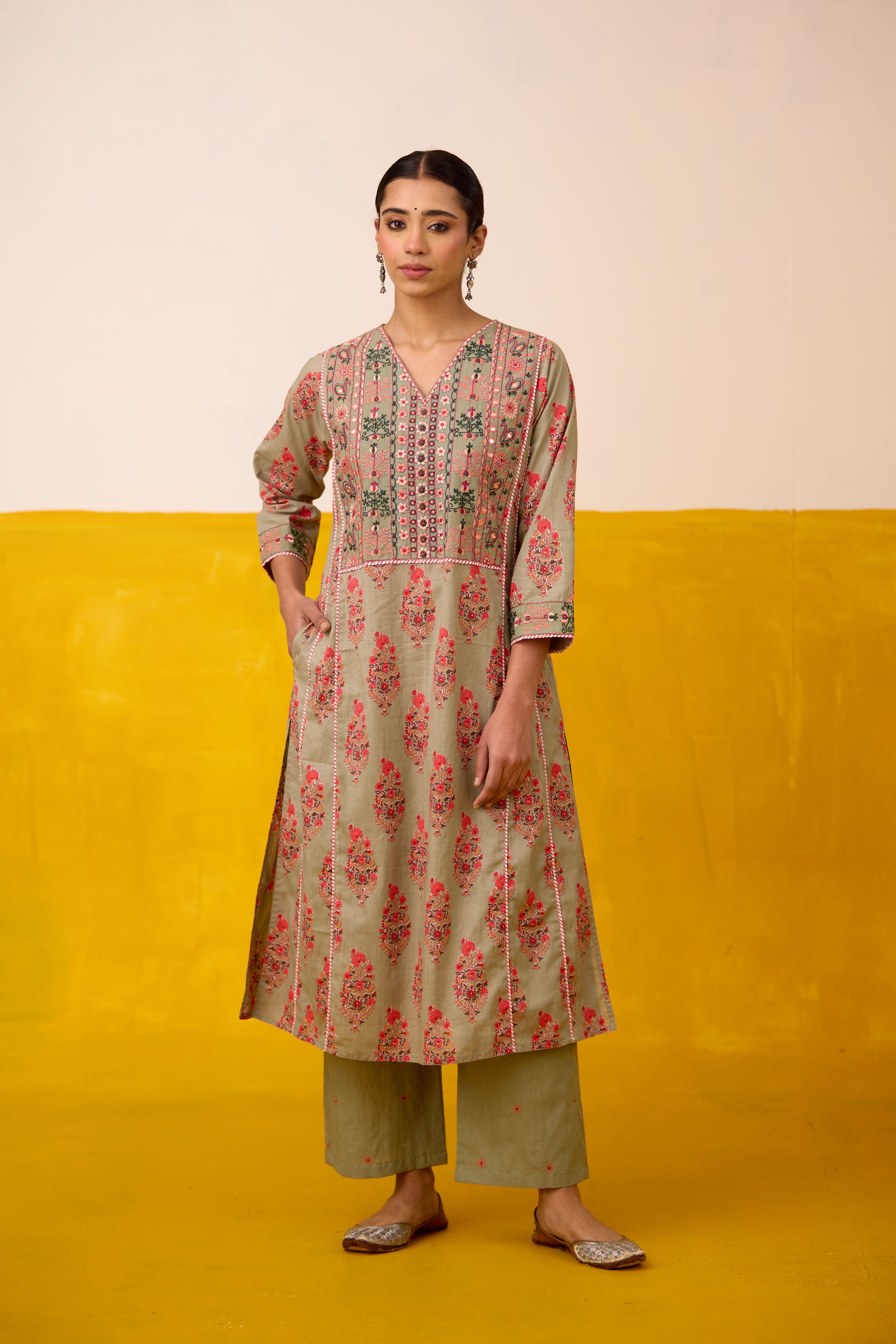 Tulsi Cotton Printed Embroidered Kurta Sage Green