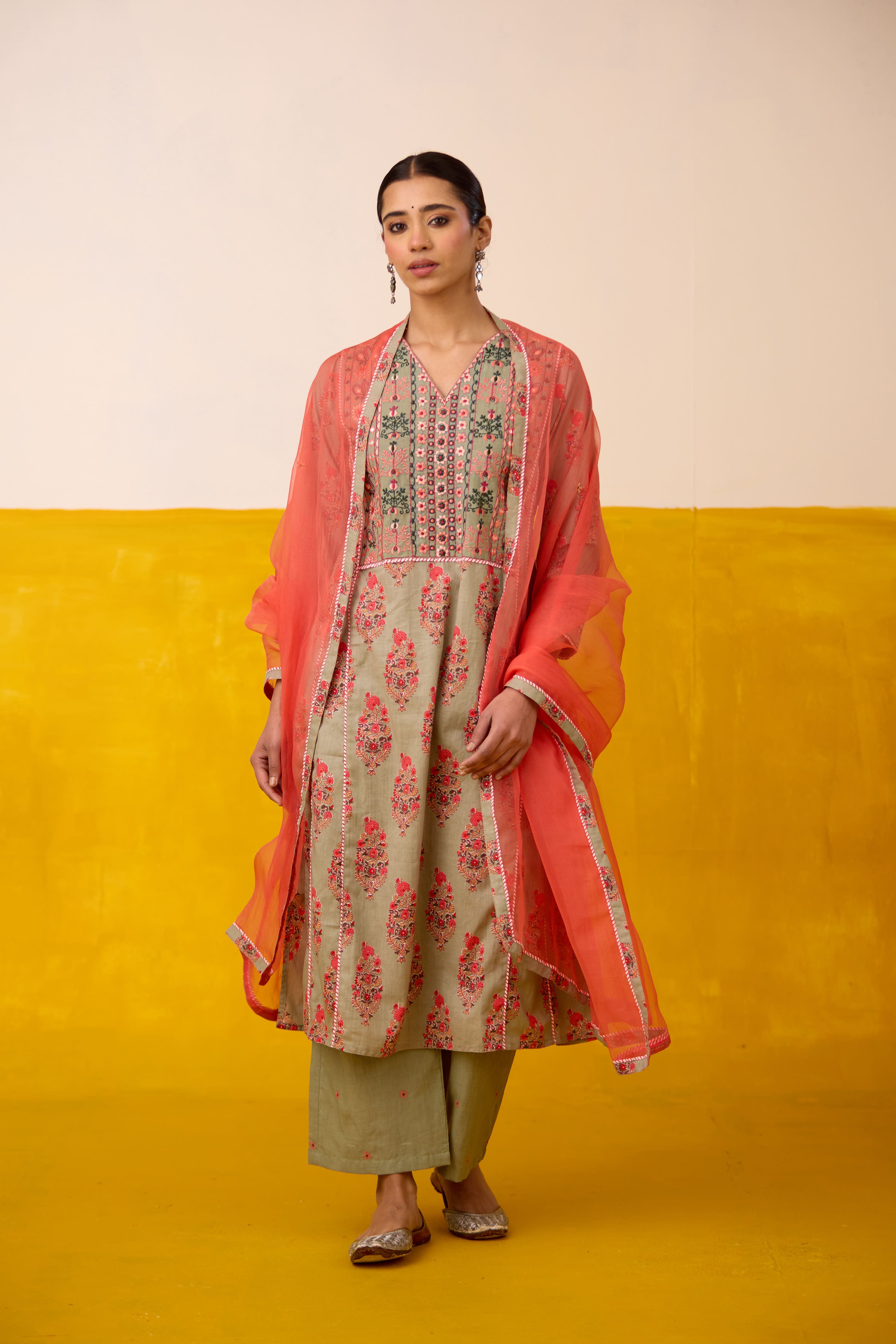 Tulsi Cotton Printed Embroidered Kurta Sage Green