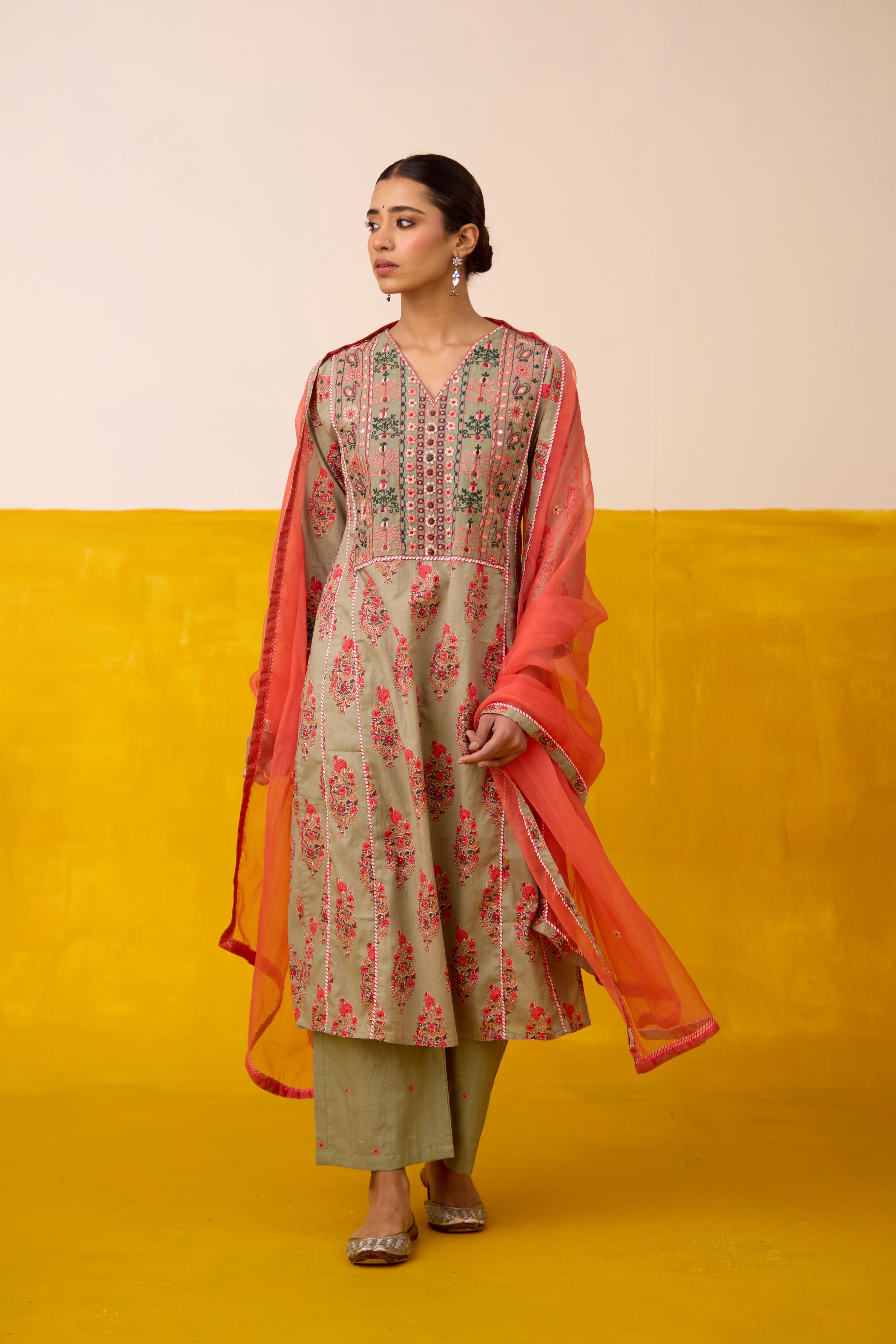 Tulsi Cotton Printed Embroidered Kurta Sage Green