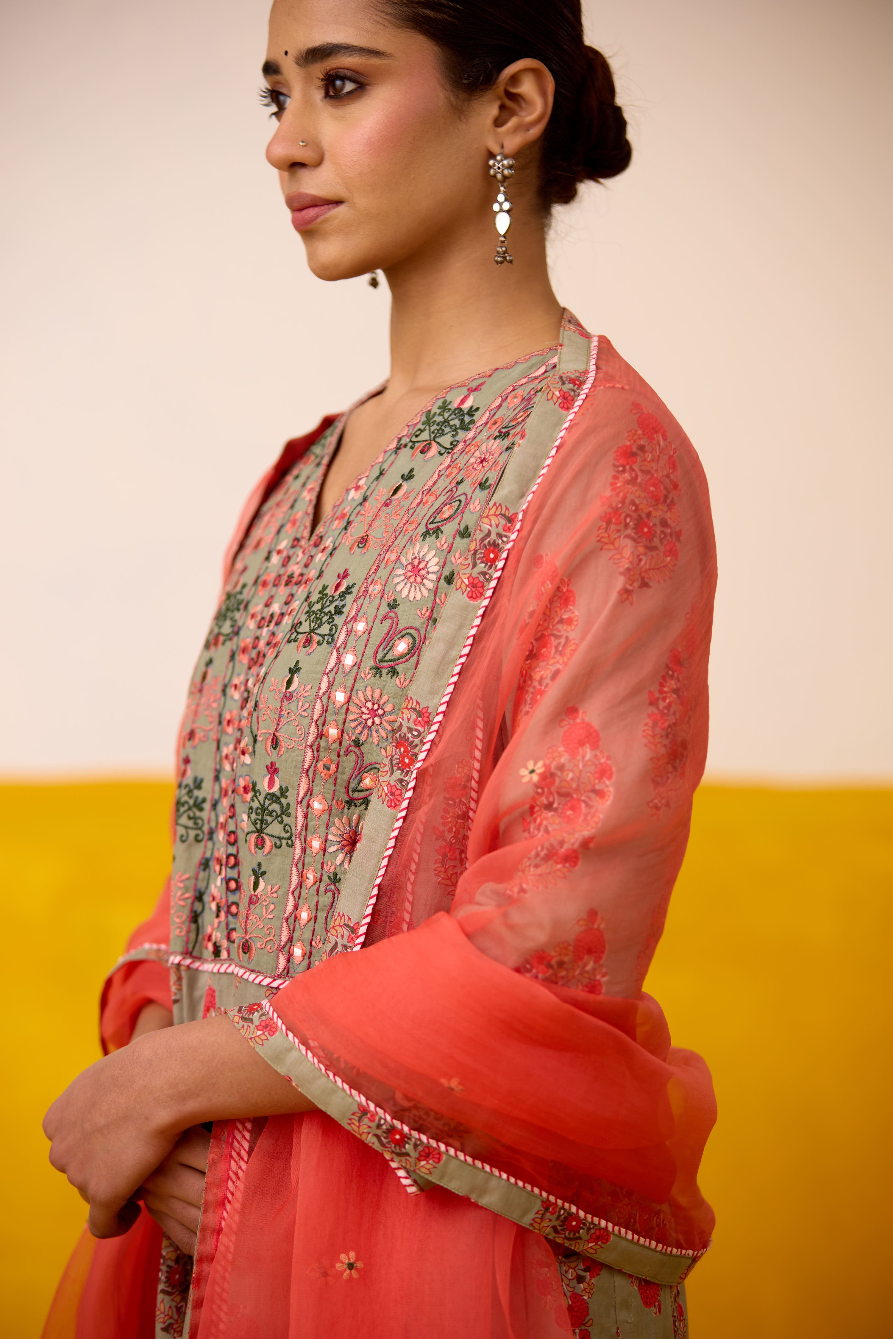 Tulsi Cotton Printed Embroidered Kurta Sage Green