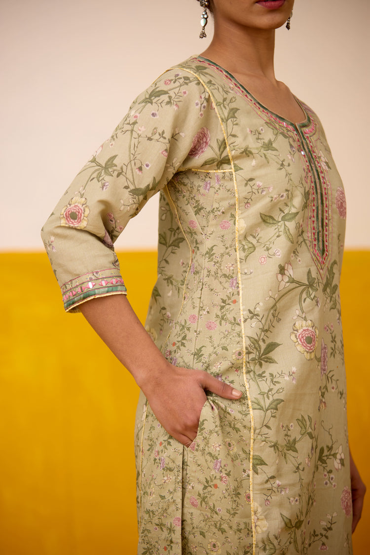 Dienne Linen Printed Kurta Pista Green