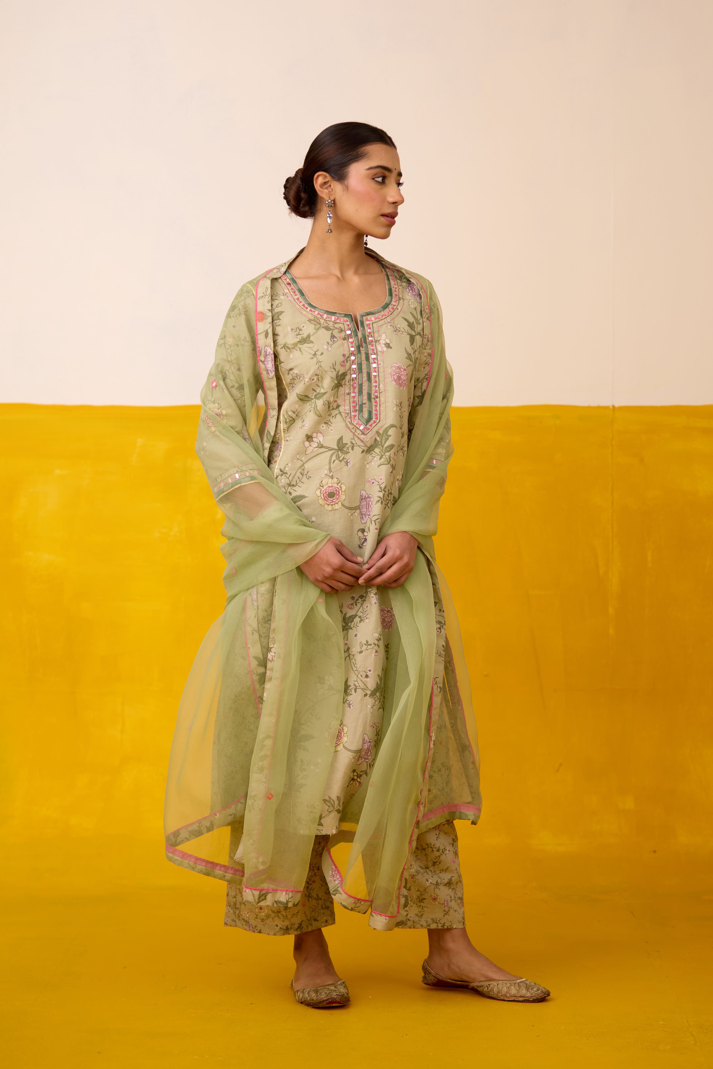 Dienne Linen Printed Kurta Pista Green