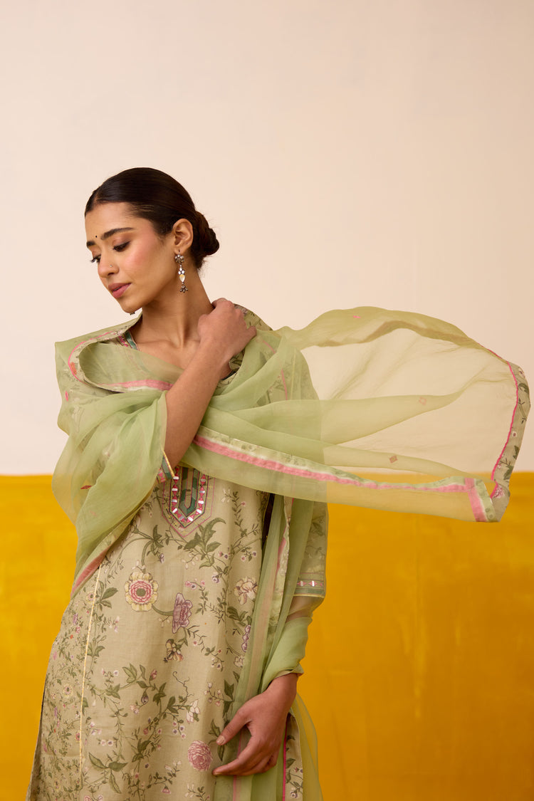 Dienne Linen Printed Kurta Pista Green