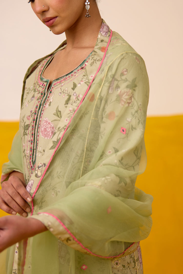 Dienne Linen Printed Kurta Pista Green