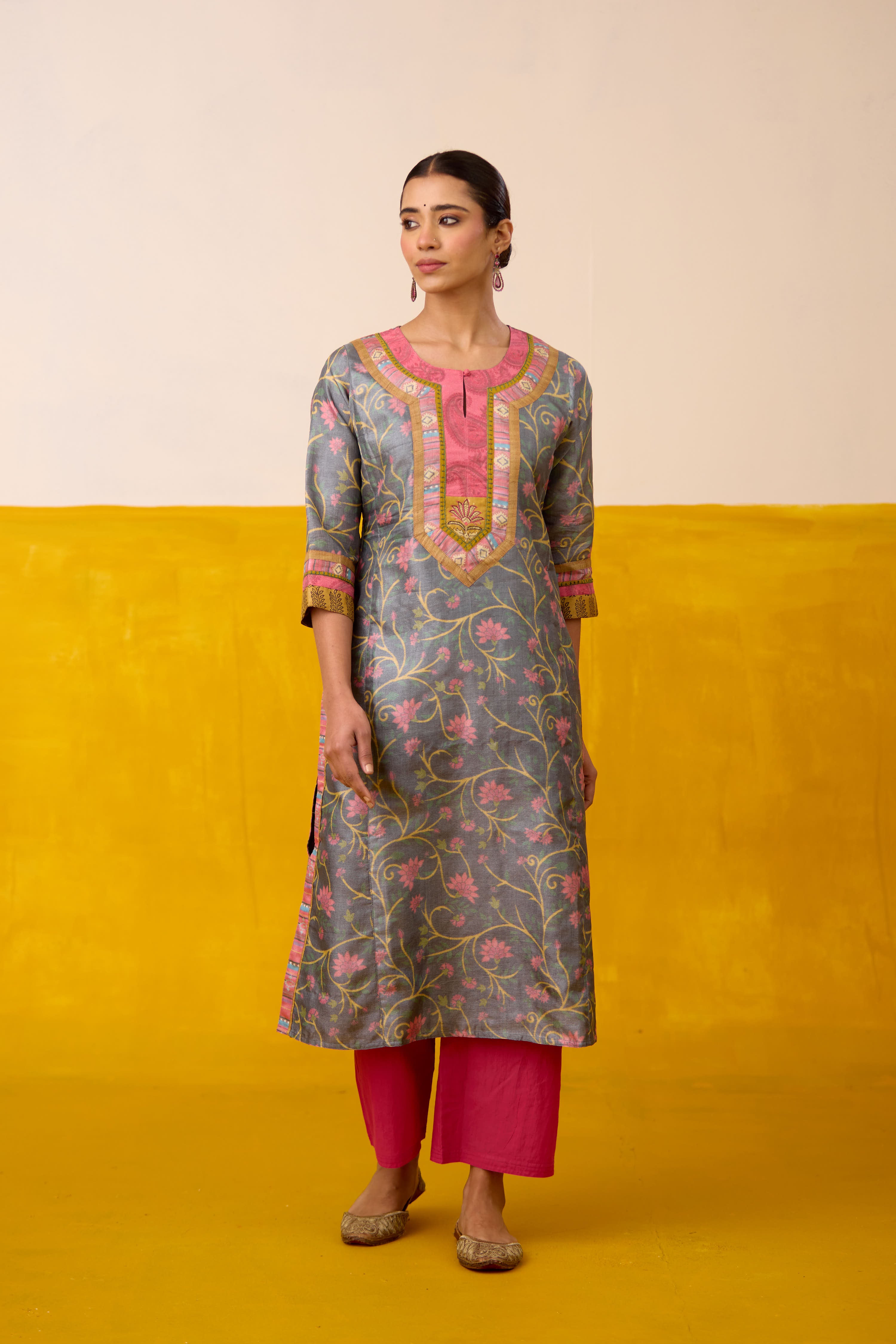 Rozana Silk Hand Block Printed Kurta Grey Peach