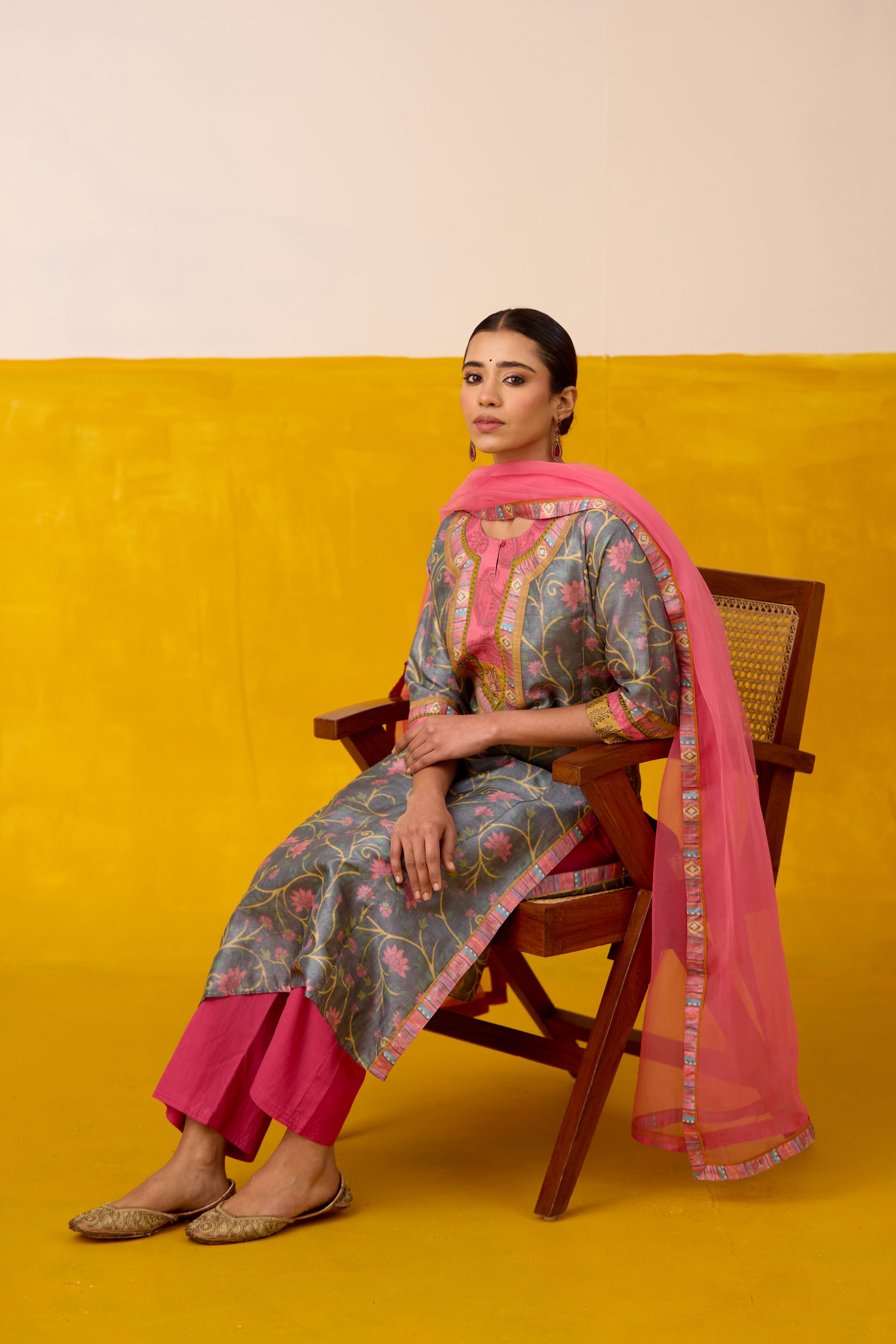 Rozana Silk Hand Block Printed Kurta Grey Peach