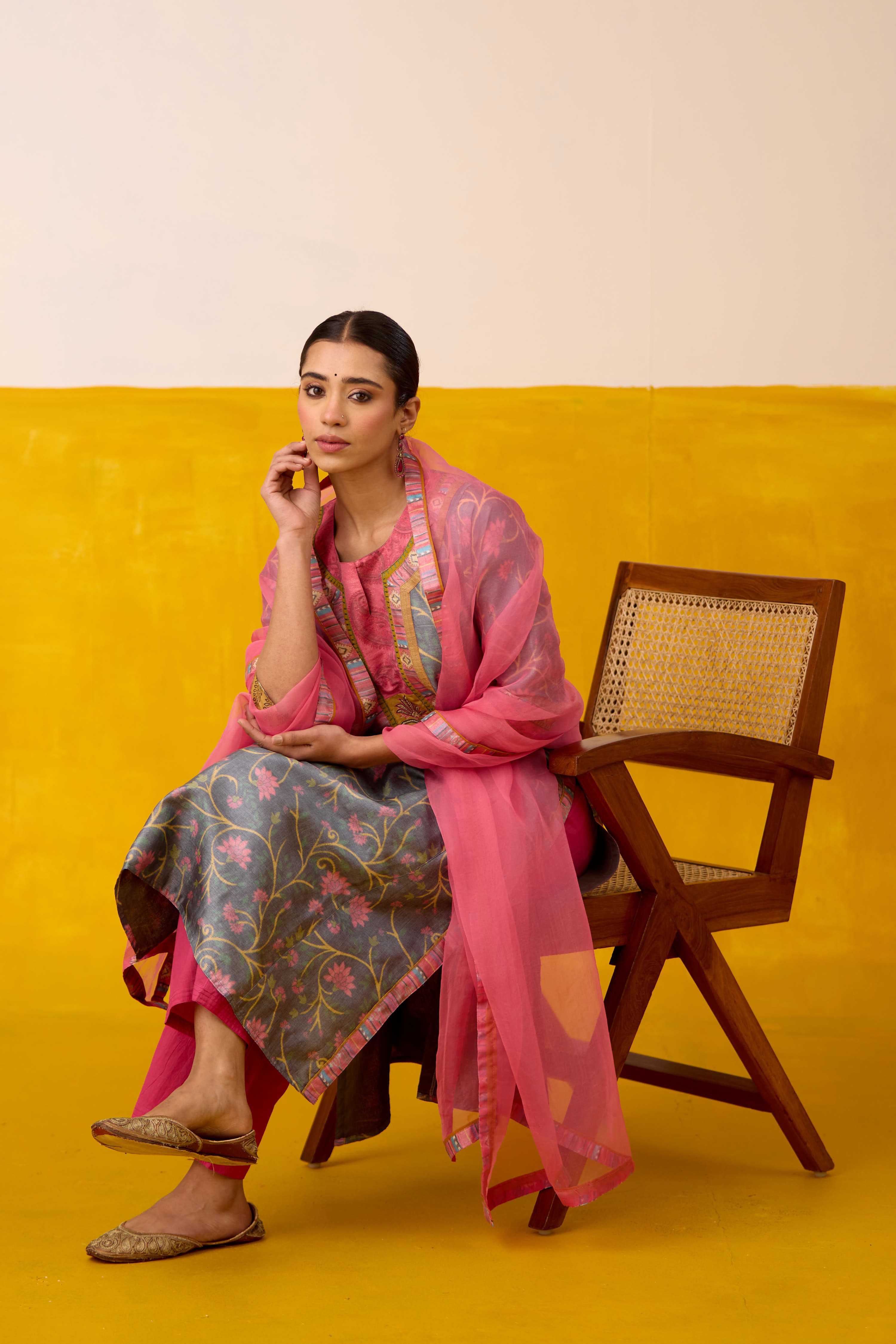 Rozana Silk Hand Block Printed Kurta Grey Peach