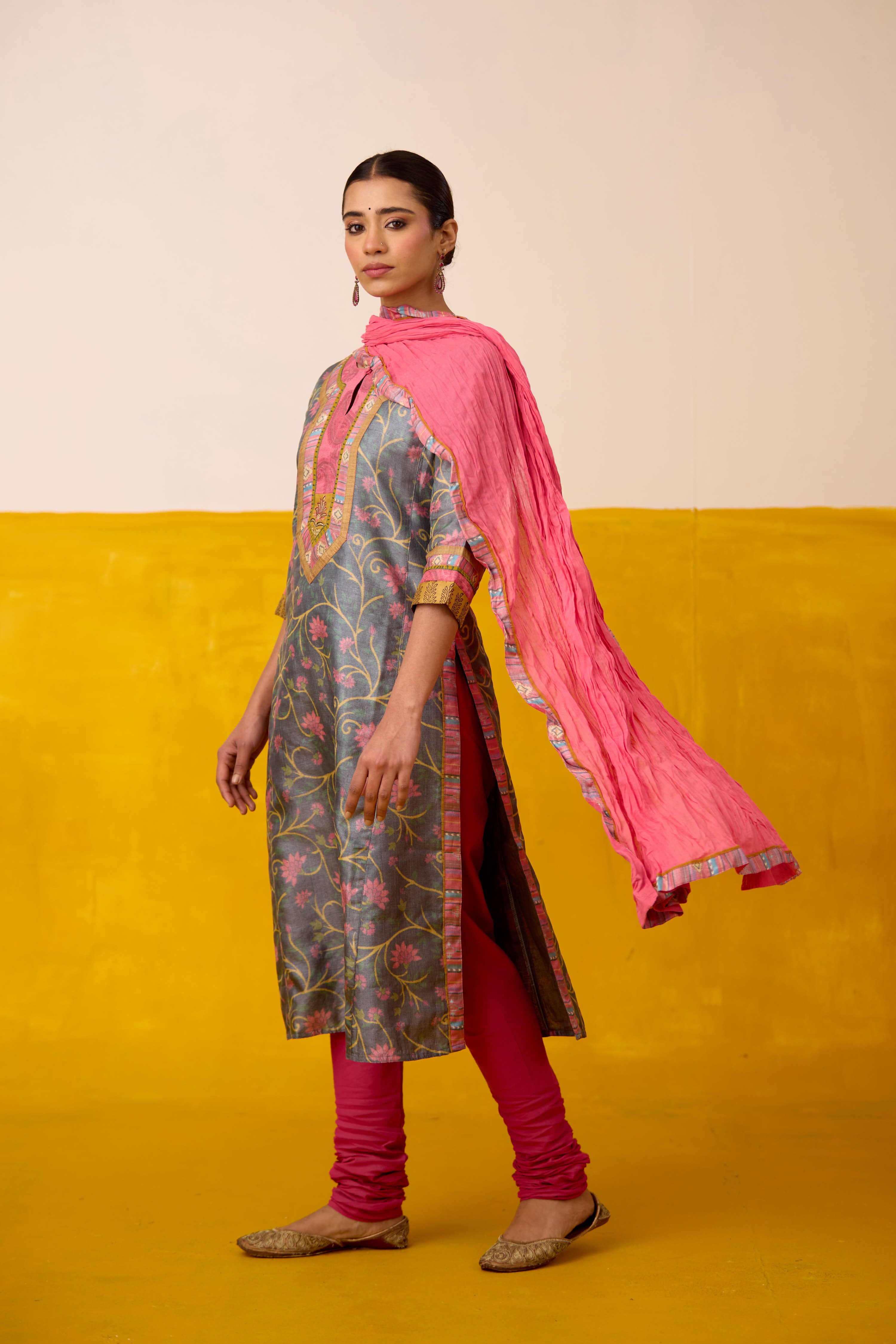 Rozana Silk Hand Block Printed Kurta Grey Peach