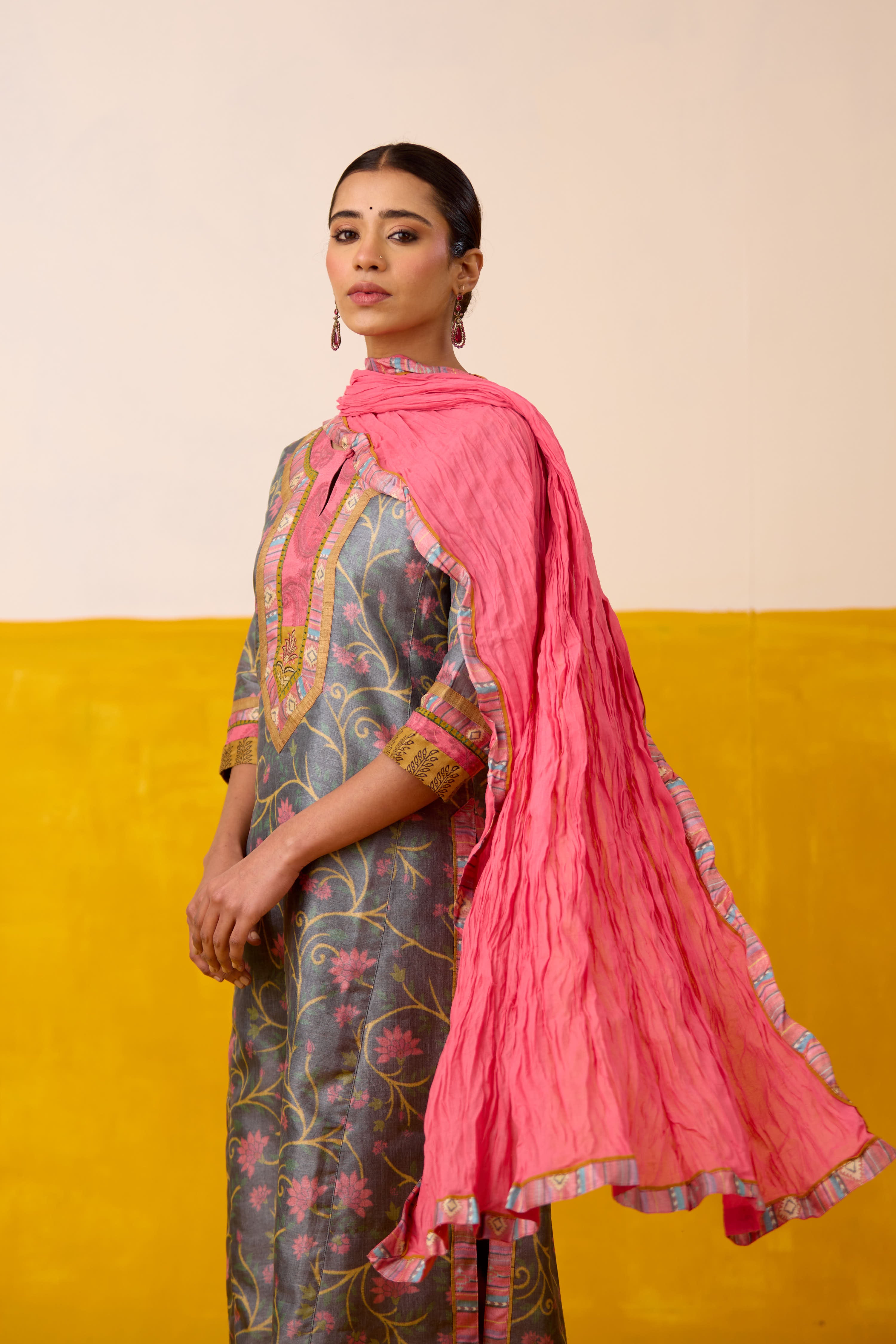 Rozana Silk Hand Block Printed Kurta Grey Peach