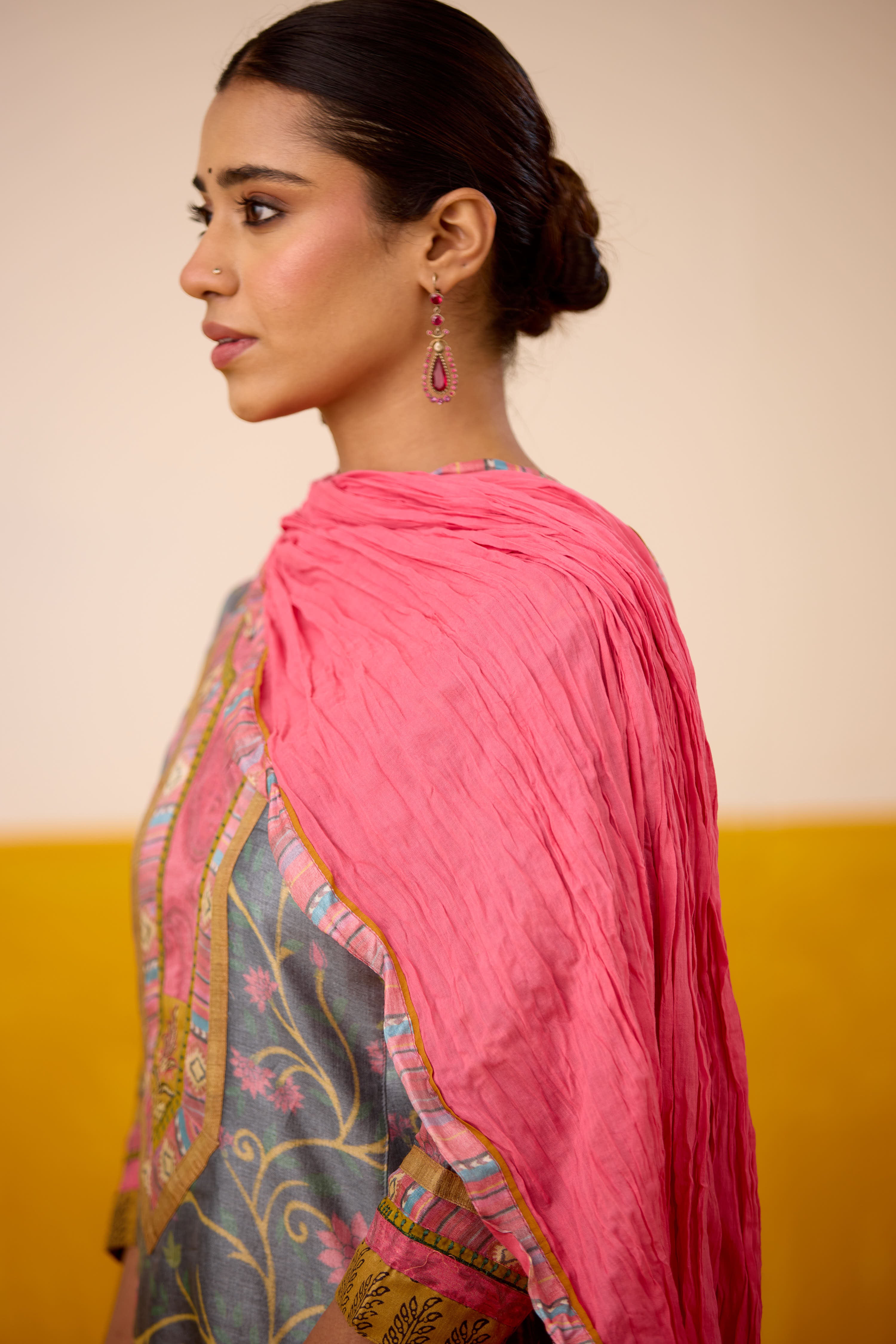 Rozana Silk Hand Block Printed Kurta Grey Peach