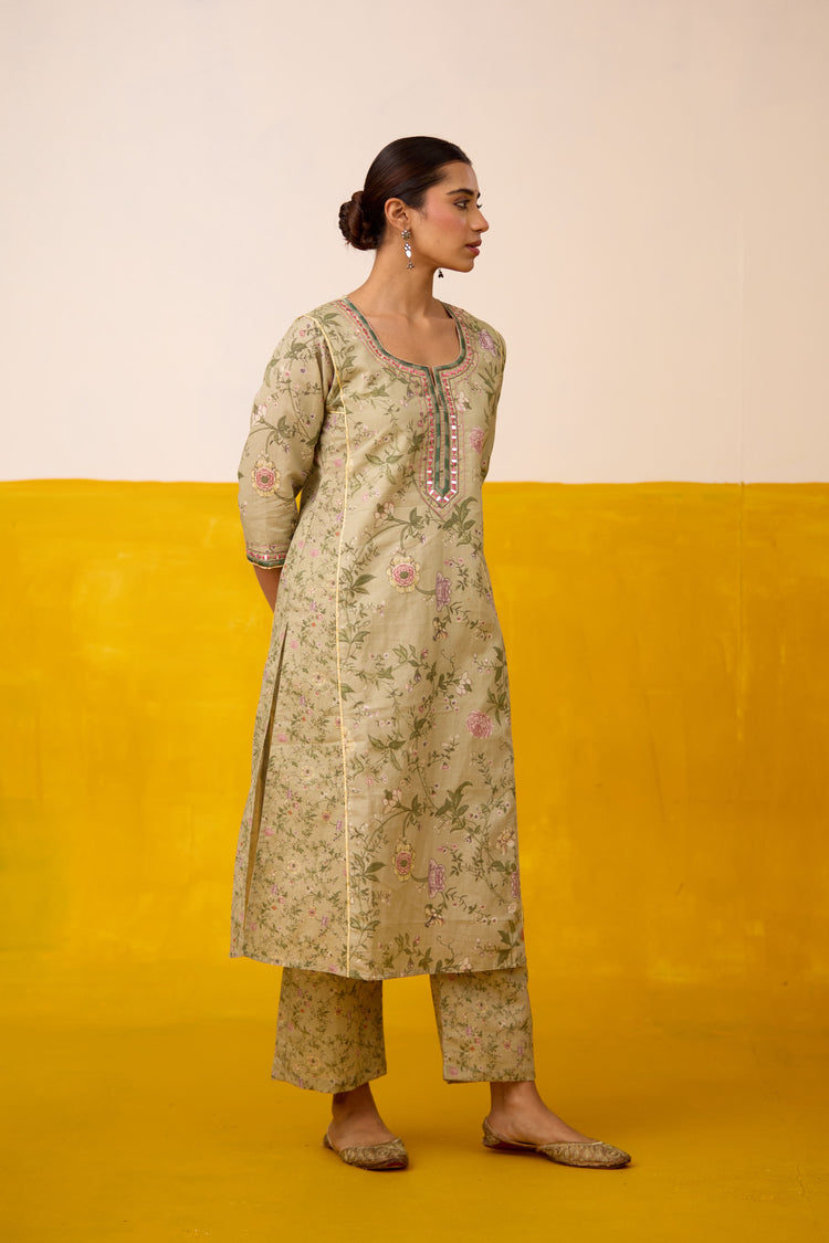 Dienne Linen Printed Kurta Pista Green