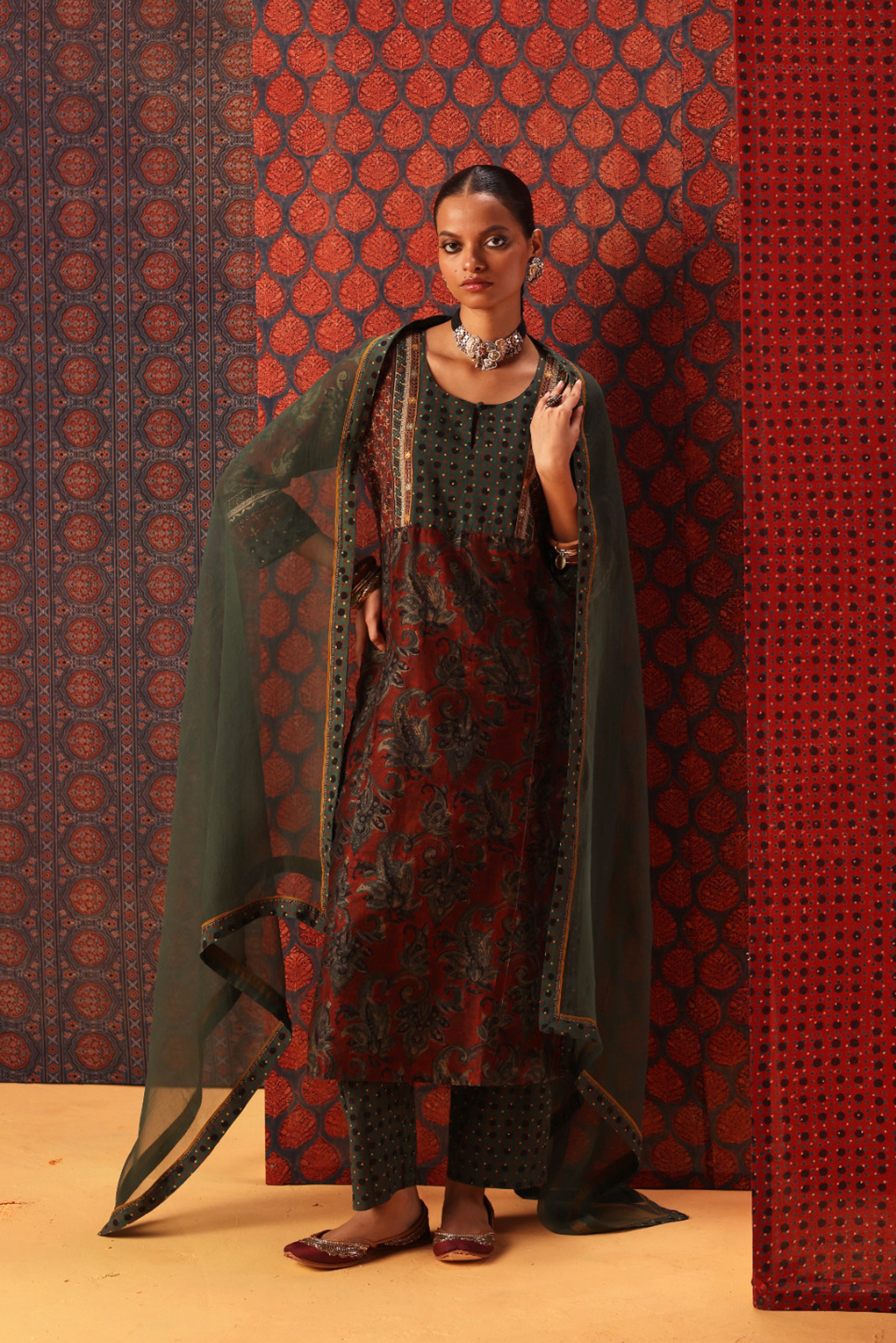 Elina Chanderi Vanaspati Block Printed Kurta Rust Green (10040336875819)