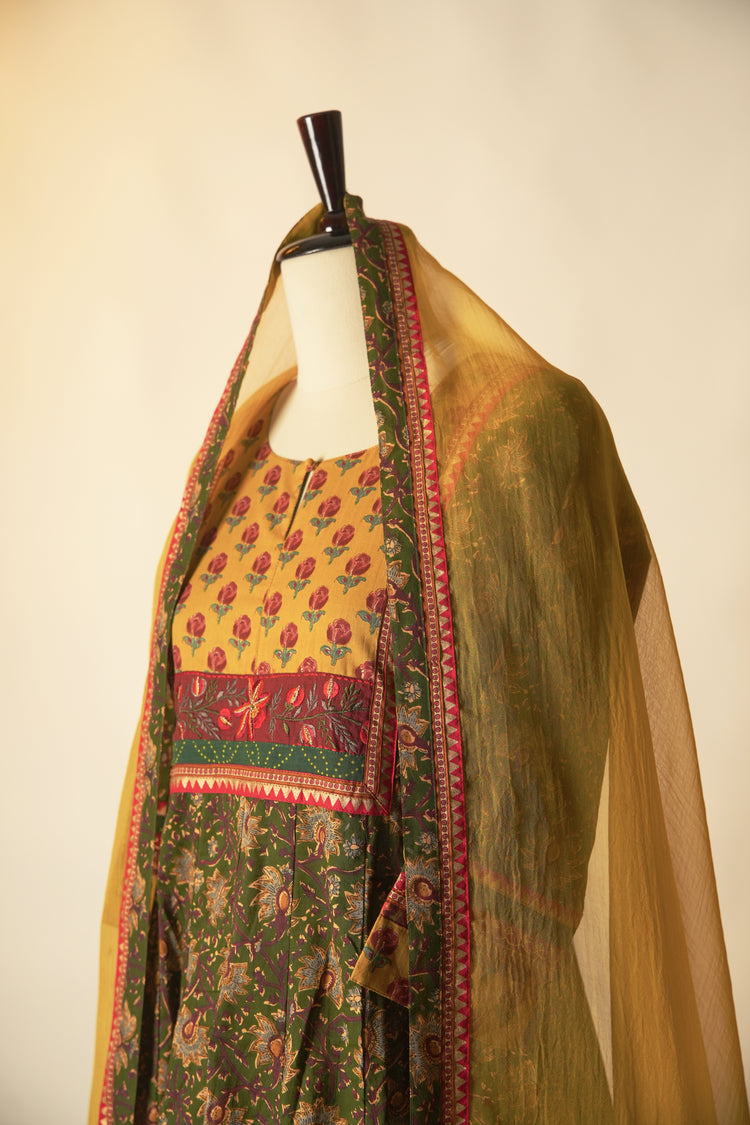 Cotton Printed Crinkled Anarkali Kurta Green