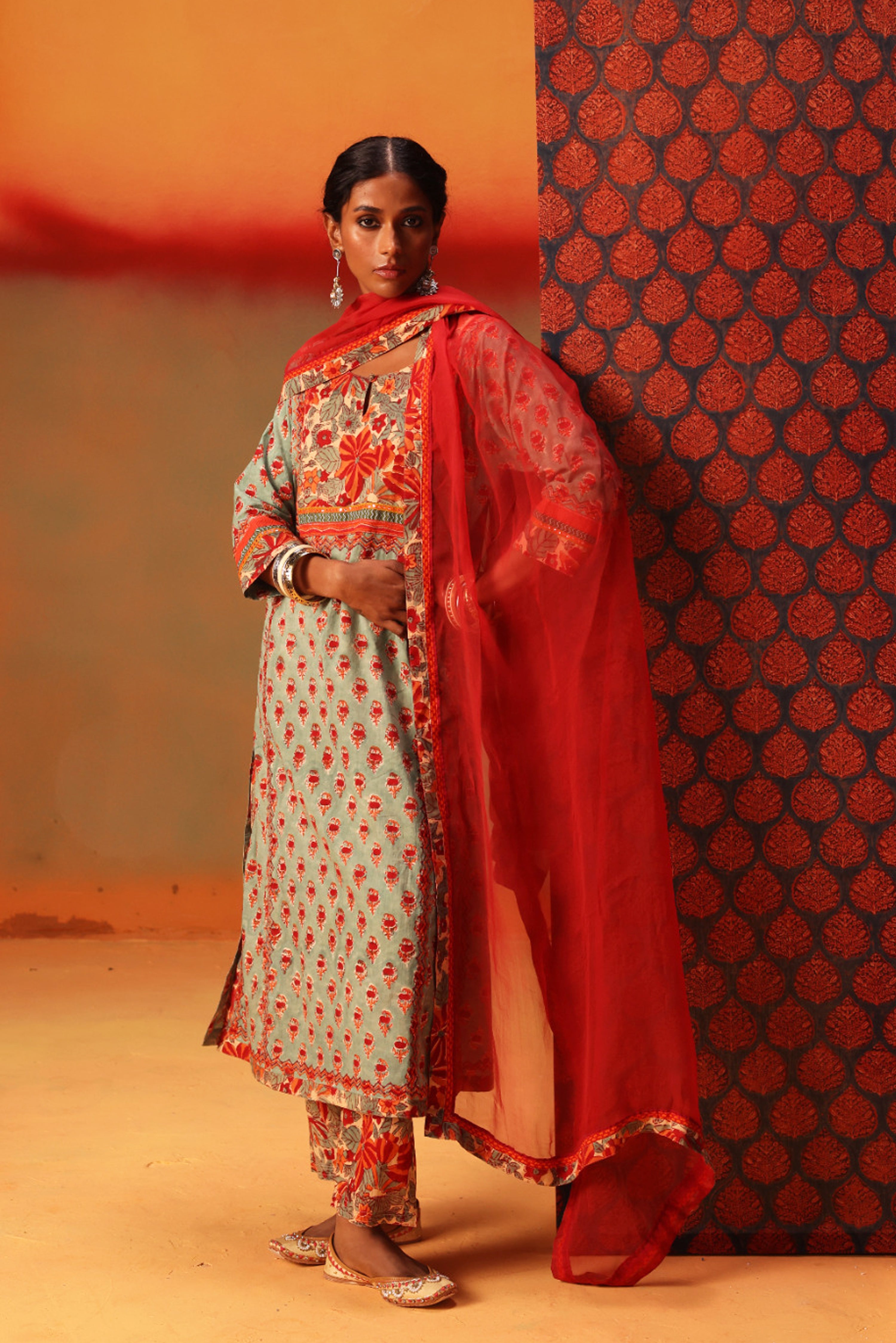 Rozana Hand Embroidered Cotton Block Printed Kurta Light Turquoise Red (10040346411307)