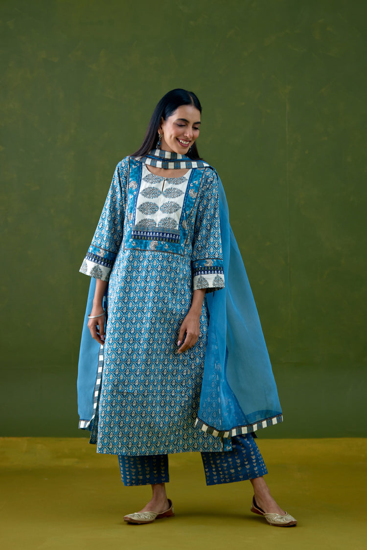 Rozana Cotton Printed Kurta Blue