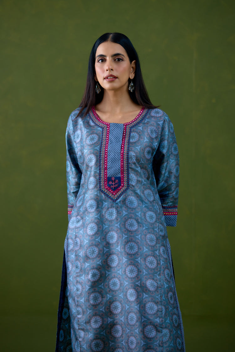 Rozana Tussar Silk Printed Kurta Teal Blue