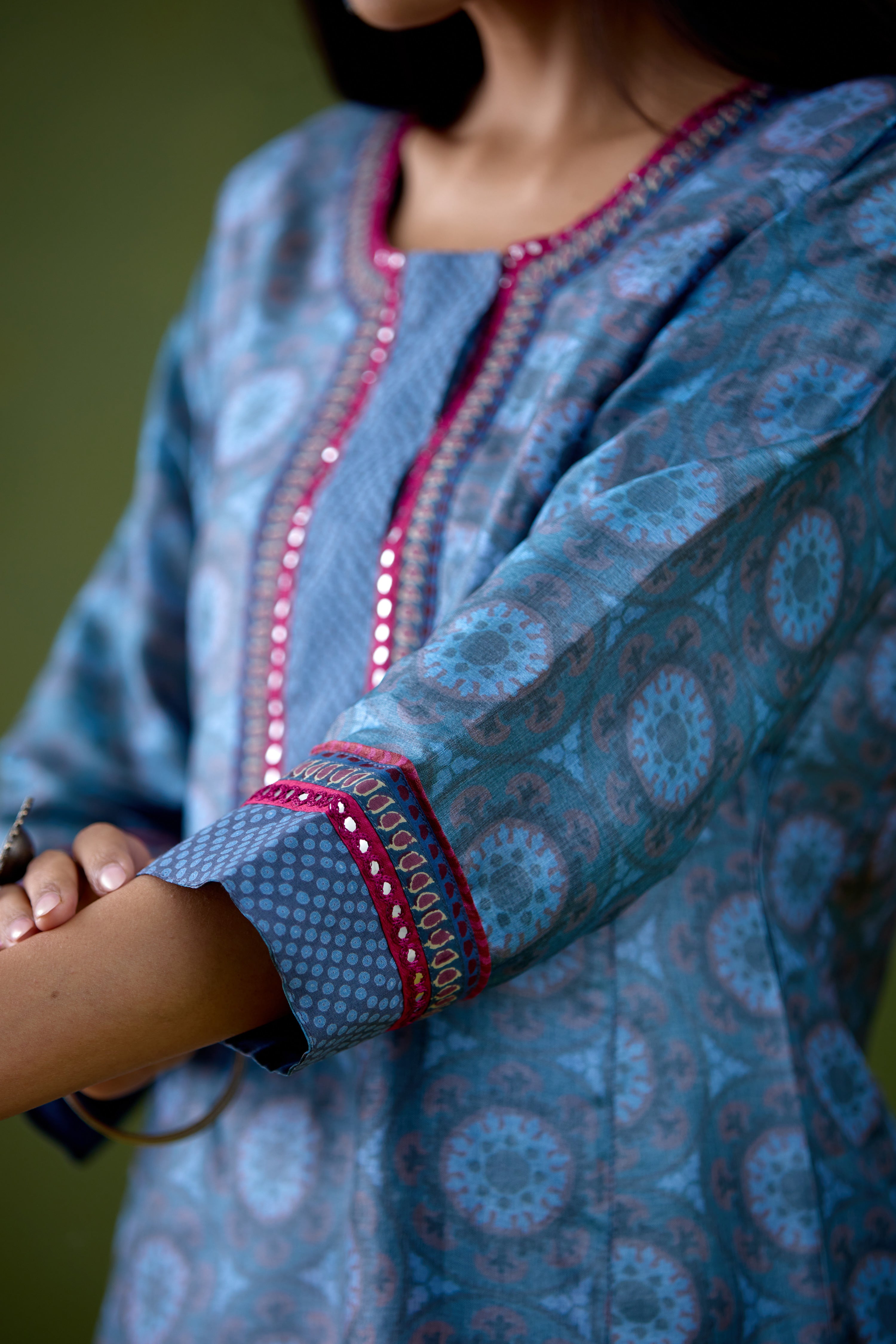 Rozana Tussar Silk Printed Kurta Teal Blue