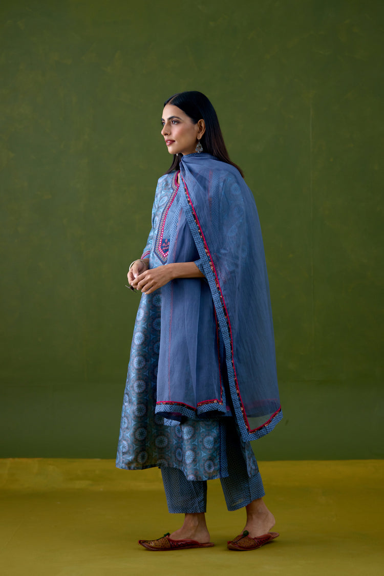 Rozana Tussar Silk Printed Kurta Teal Blue
