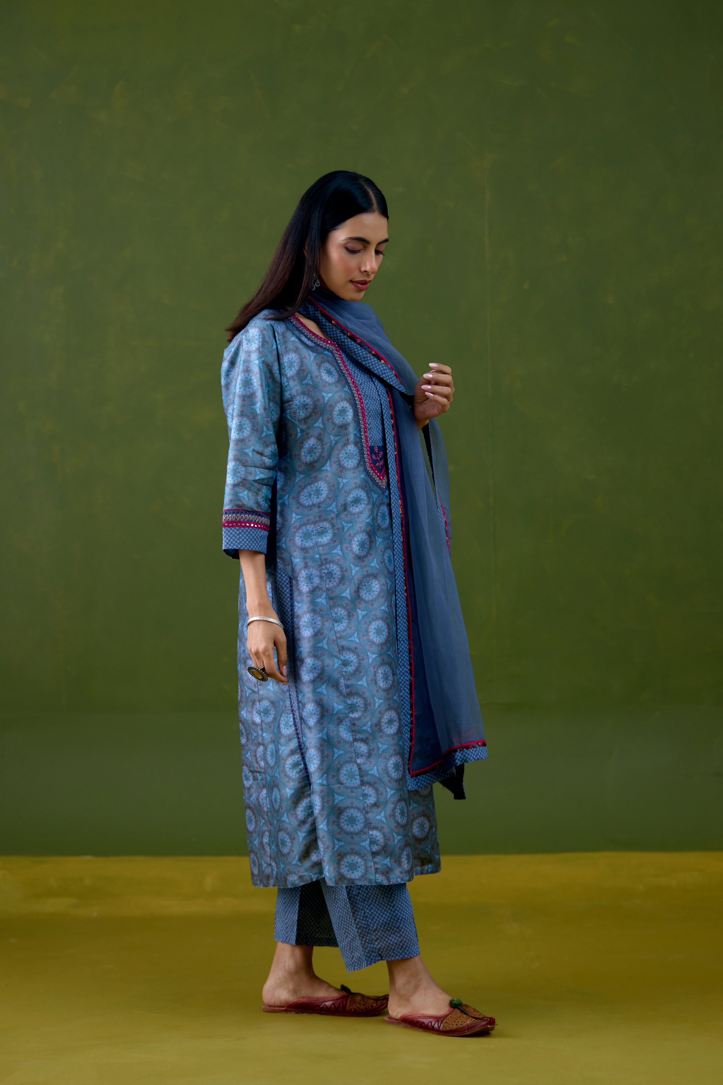 Rozana Tussar Silk Printed Kurta Teal Blue